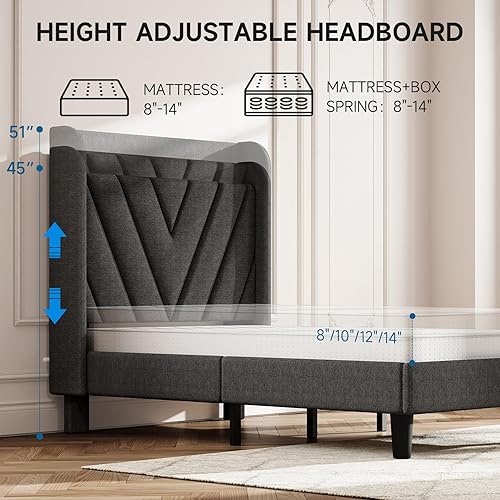 Miniatura 41 de koorlian Marco de cama Queen con plataforma tapizada ajustable de terciopelo con puertos tipo C y USB, cabecera de almacenamiento con respaldo de