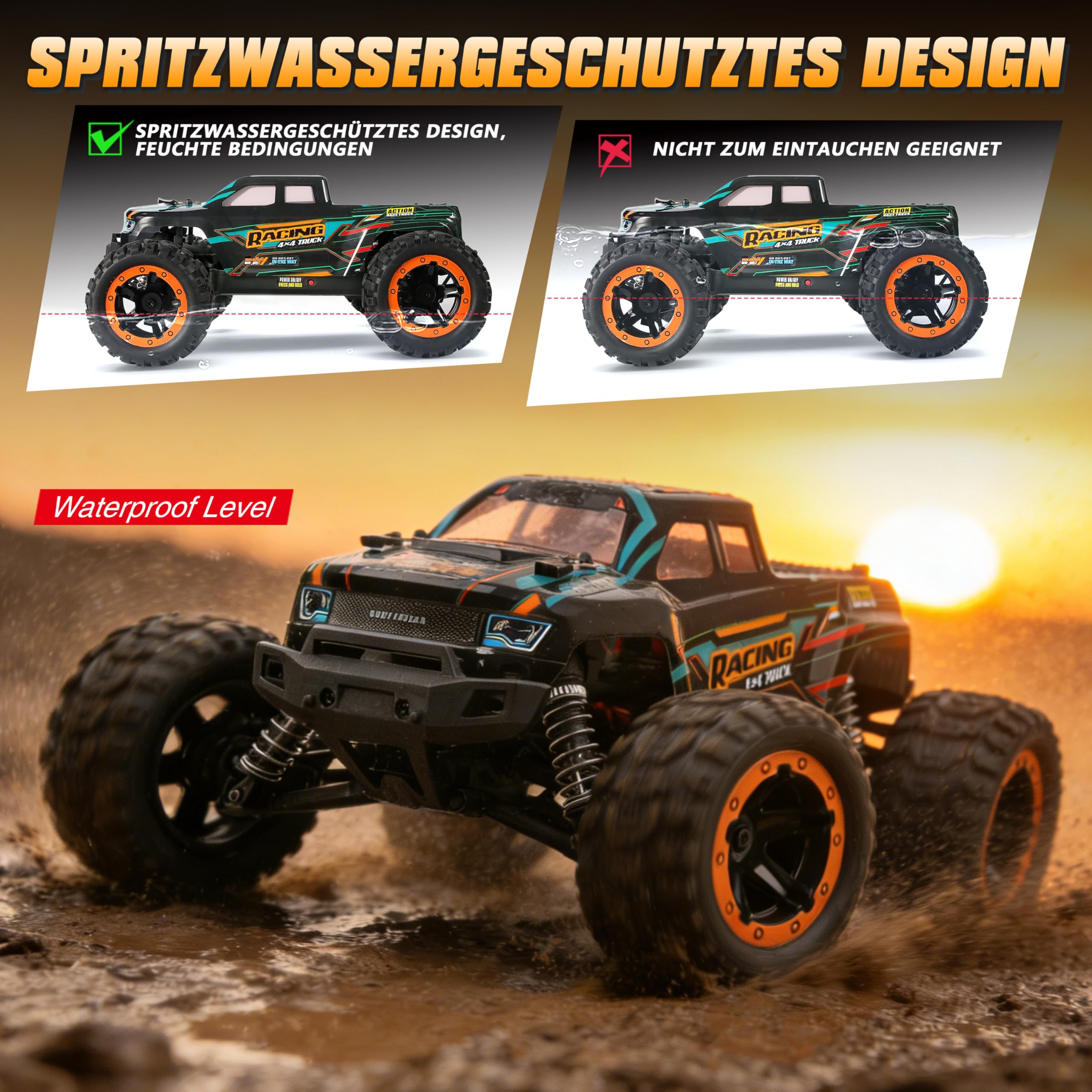 HAIBOXING Coche teledirigido 4WD RC Auto 1:16 36km/h Camión monstruo RC de alta velocidad 2,4 GHz Vehículo todoterreno impermeable, juguete de crawler Regalo para niños y adultos