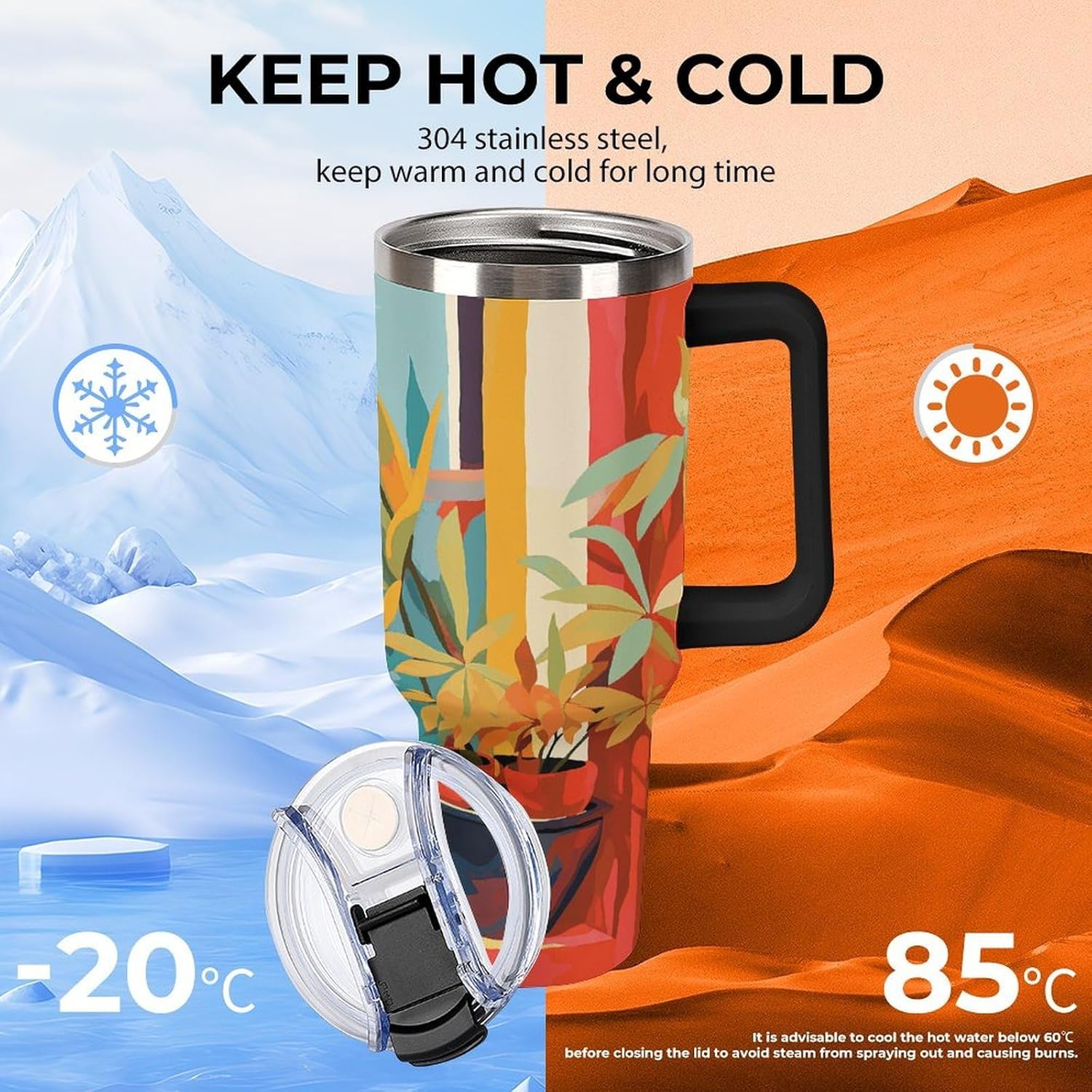 Cat Illustration Travel Coffee Mug Reusable Durable Stainless Steel Insulated Tumbler with Handle And Straw Leak Resistant Portable Thermal Cup Gifts for Men Women 40 Oz