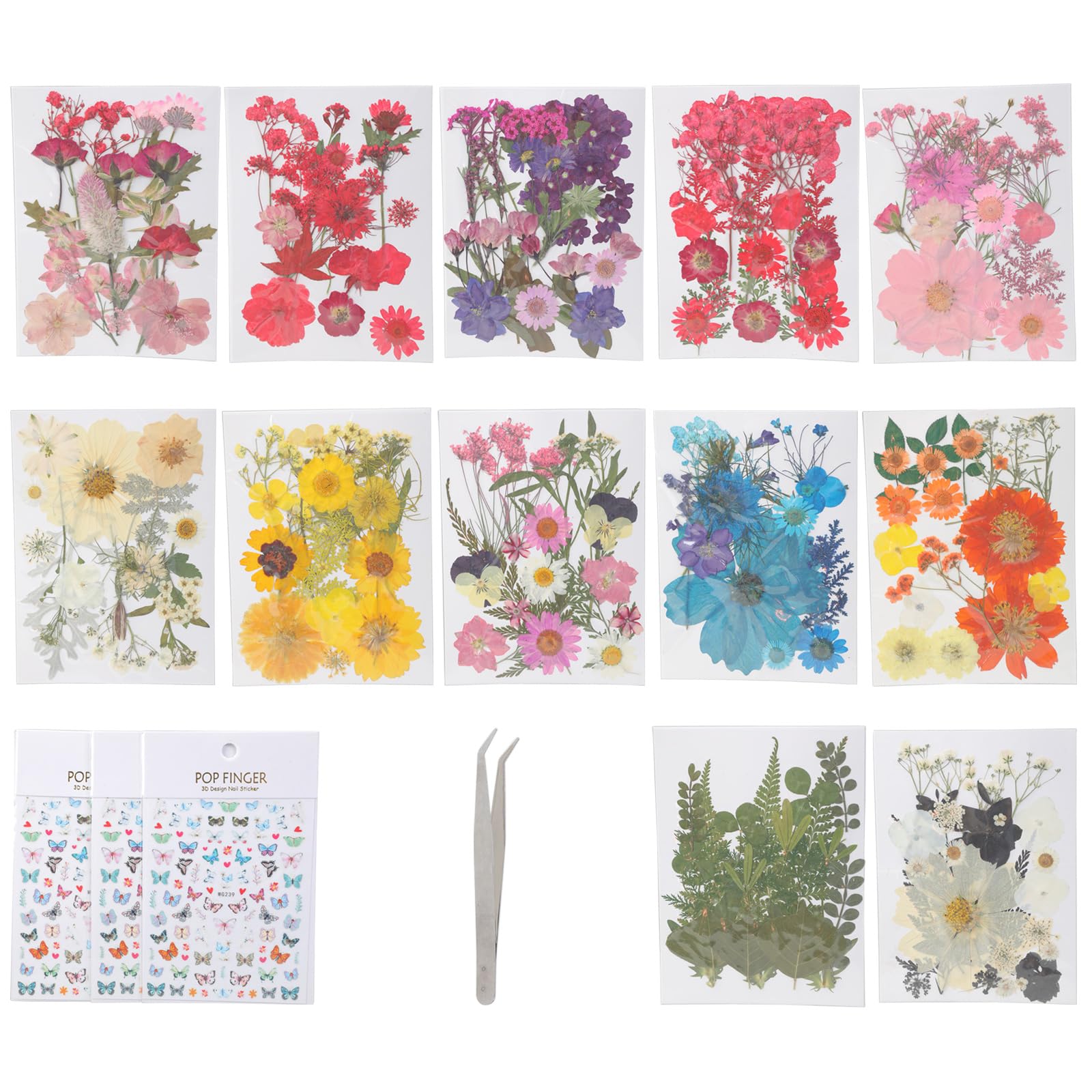 Fleurs séchées pour résine art des ongles et loisirs créatifs avec stickers 495 pièces