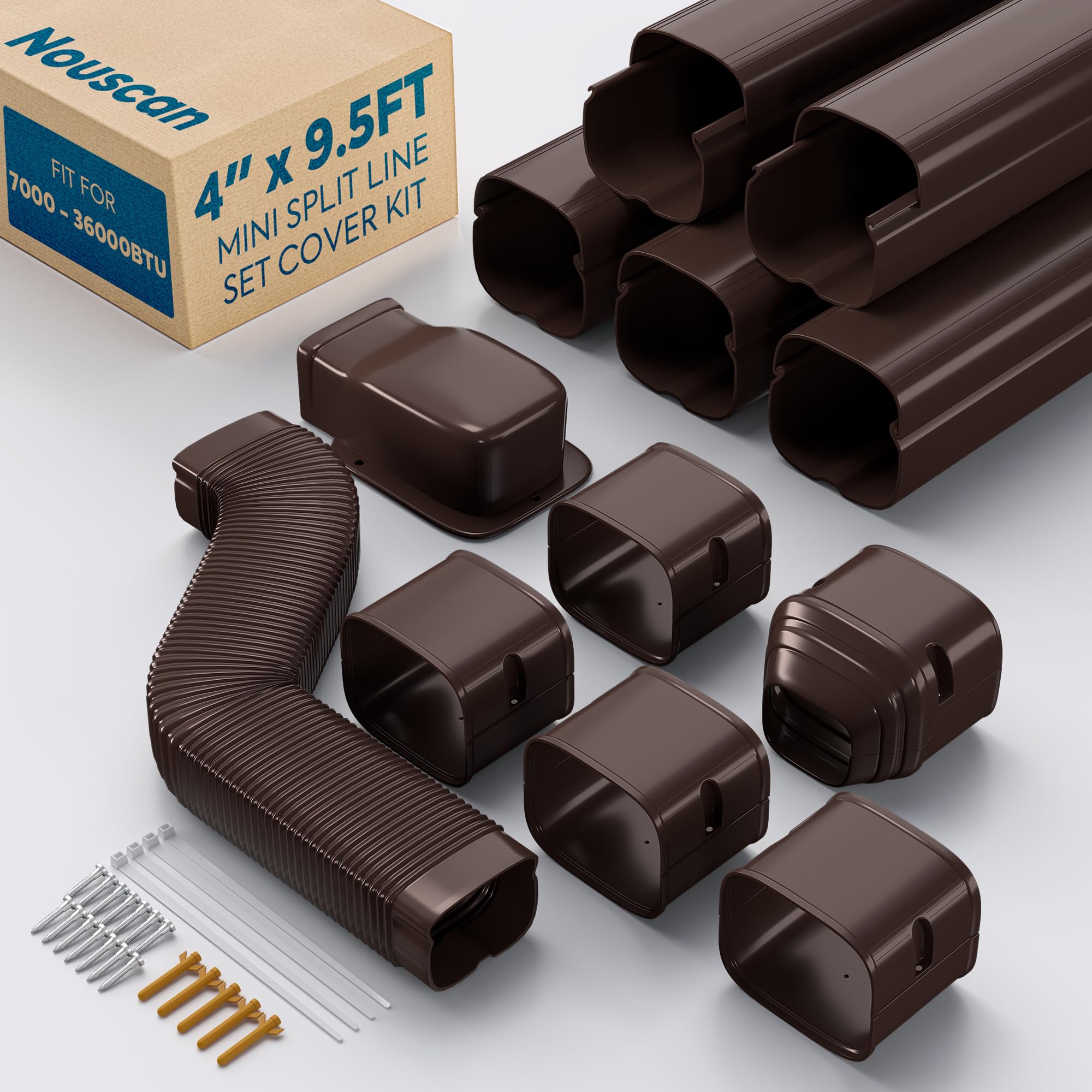 Nouscan 4'' x 9.5Ft Mini Split Line Set Cover with Flexible Duct, Upgrade PP Decorative Minisplit Lineset Cover Kit, Line Hide for Mini Split, Air Conditioner, Central AC, HVAC and Heat Pumps, Brown