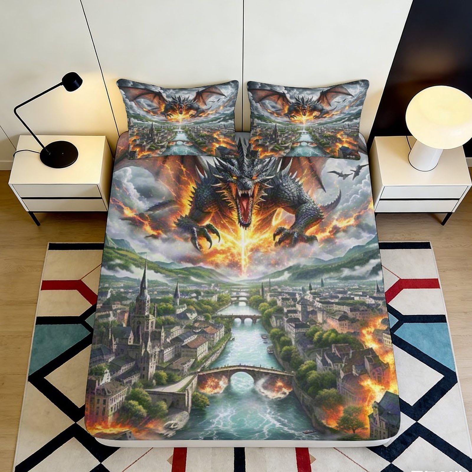 3D Printed Dragon Fire City Fitted Sheet Microfiber Soft Breathable Fantasy River Bed Cover for Bedroom Dorm Decor 90x200x25cm