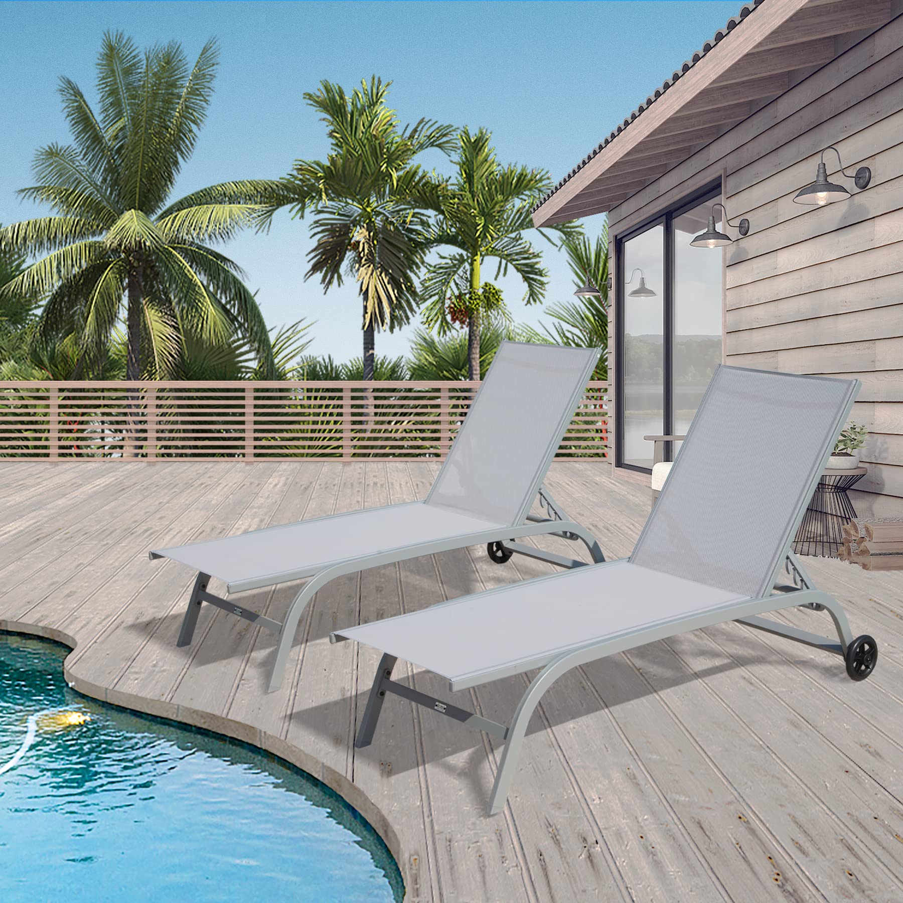 Domi Chaise Lounge Outdoor Set of 2, Lounge Chairs for Outside with Wheels, Outdoor Chaise Lounge with 5 Adjustable Position, Pool Lounge Chairs for