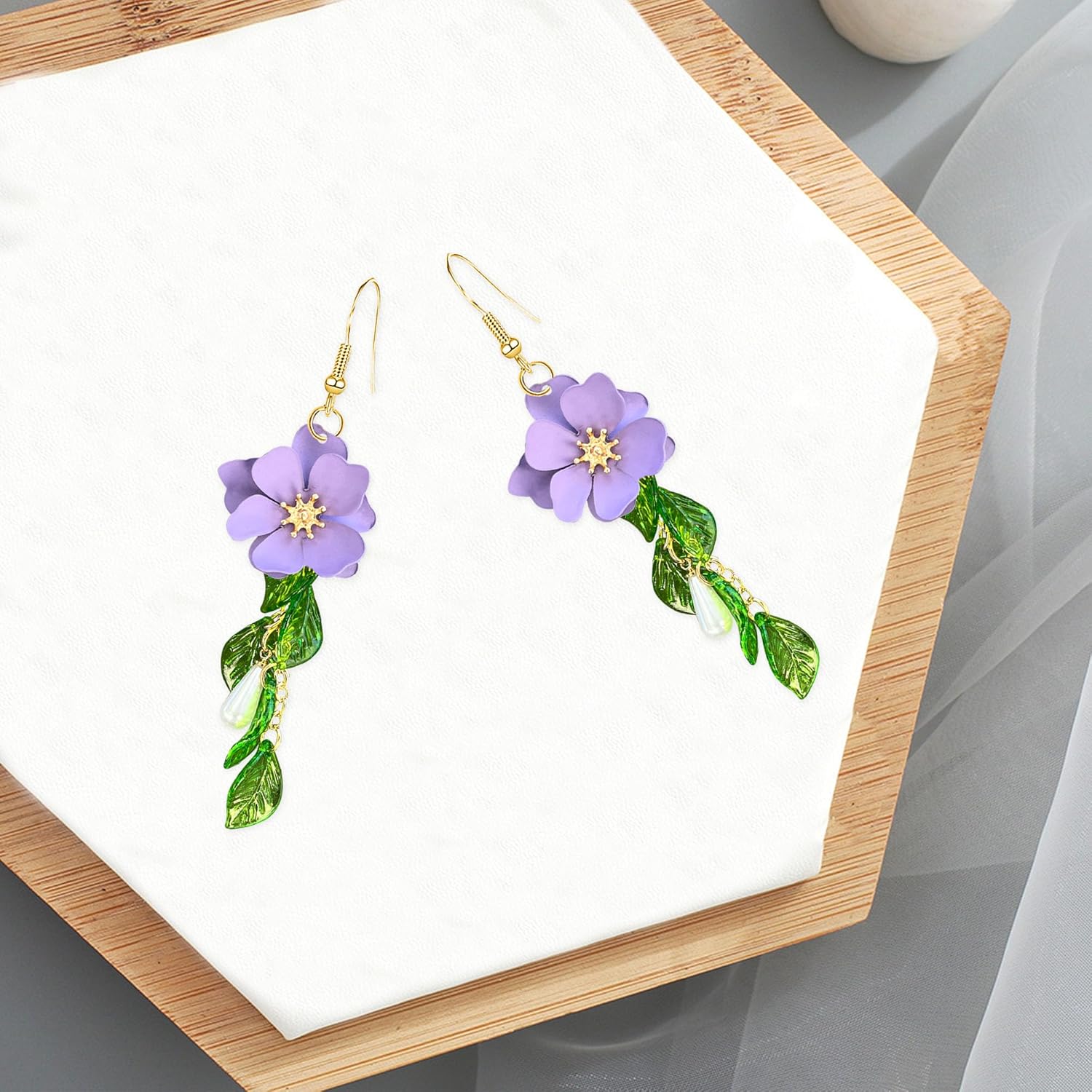 Summer Beach Flower Tassel Earrings for Women Boho Long Flower Dangle Floral Petals Drop Earring for Statement Vacation With Green Leaf - Image 6