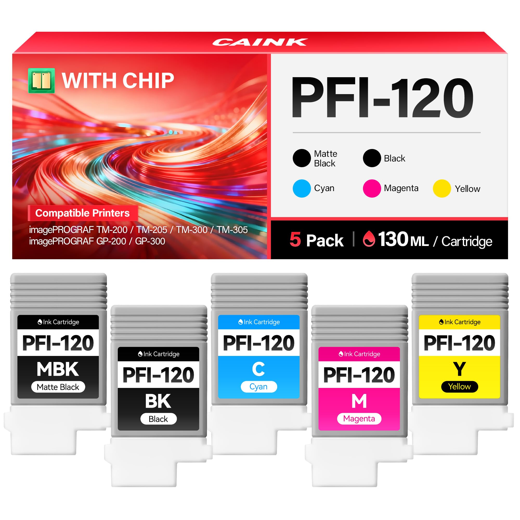 PFI-120 Pigment Ink Tank Kit 130ml 5-Pack Replacement for Canon PFI-120MBK PFI-120BK PFI-120C PFI-120M PFI-120Y Ink Cartridges Compatible for Canon imagePROGRAF TM-200 TM-205 TM-300 TM-305 Printer Ink