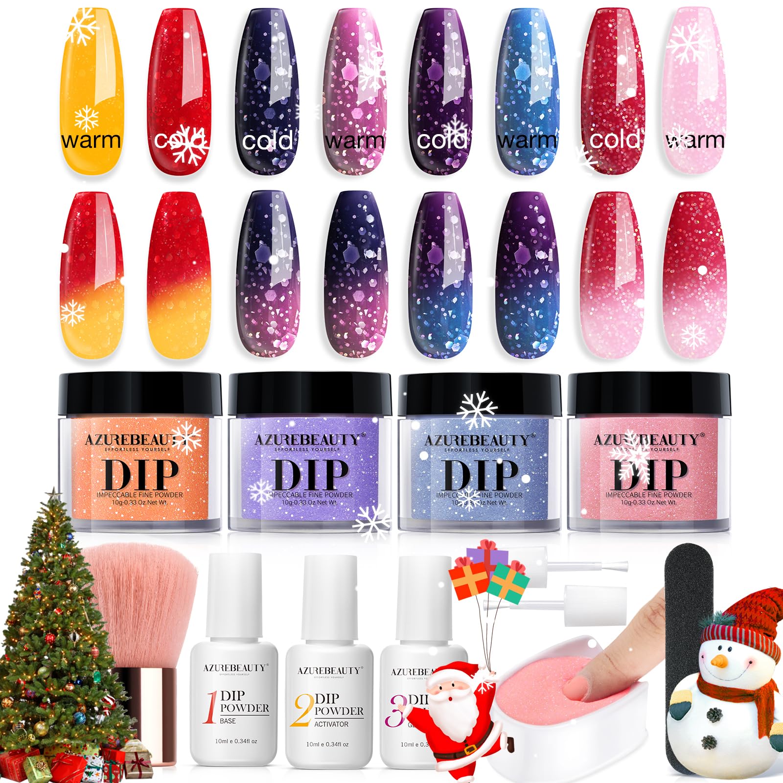 AZUREBEAUTY Color Changing Dip Powder Nail Kit Starter Fall Winter Glitter Pink Blue Purple Orange Mood Temperature Change Dipping Powder Liquid Set with Base Top Coat Activator for Home Manicure Gift