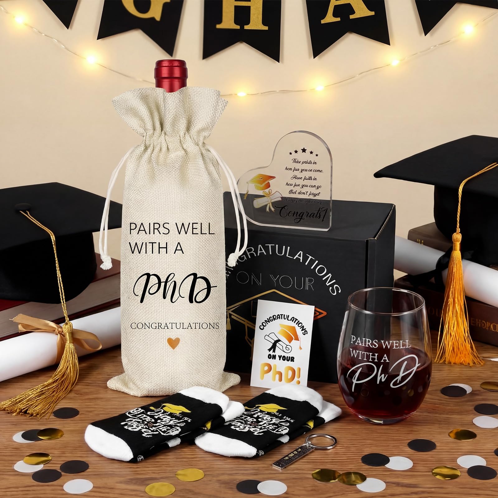 Chunful 7 Pcs PhD Graduation Gifts Doctorate Graduation Gift Set for Women, 17oz Wine Glass Wine Bag Keychain Acrylic Keepsake Socks Greeting Card & Box Funny Pairs Well with a PhD Gifts