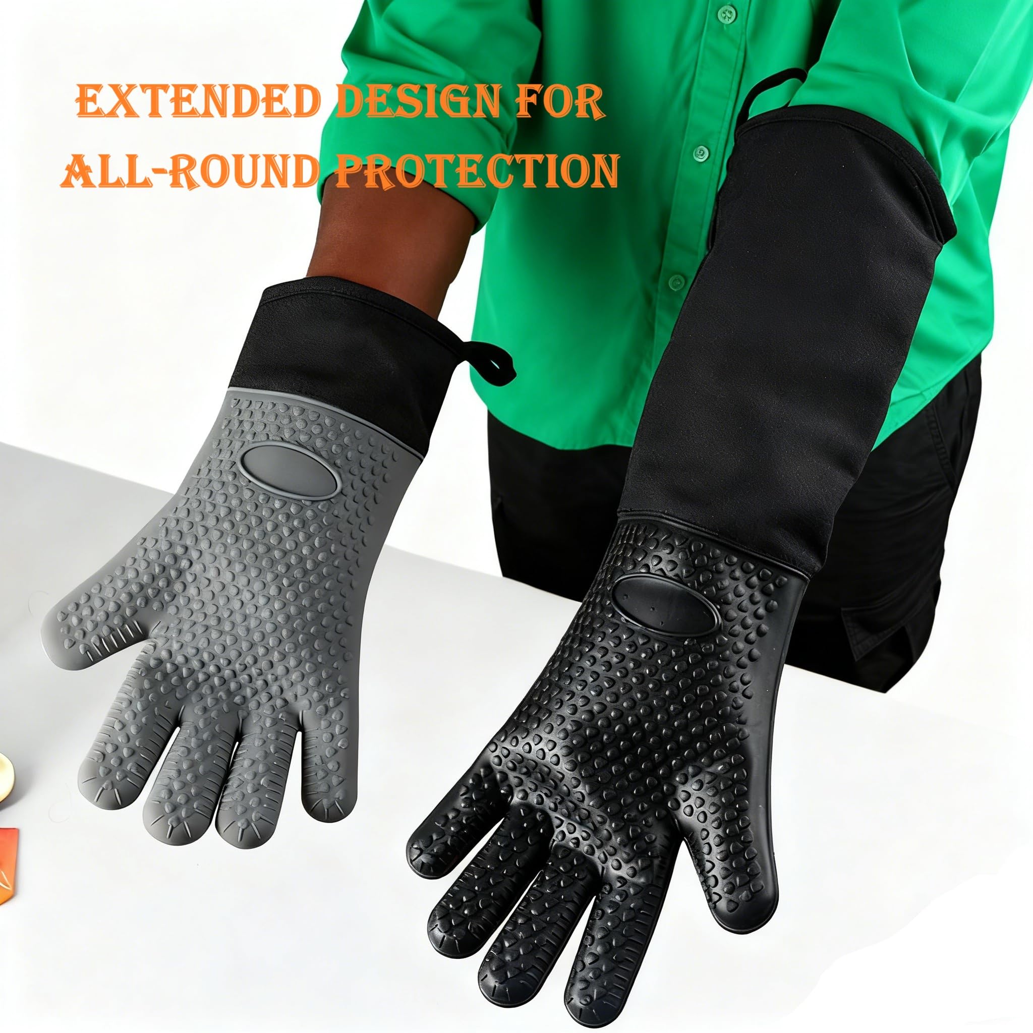 Guantes de silicona extra largos resistentes al calor (20 pulgadas), guantes de horno mejorados con silicona gruesa, antiquemaduras y anticongelante, guantes gruesos con forro de algodón para soportes