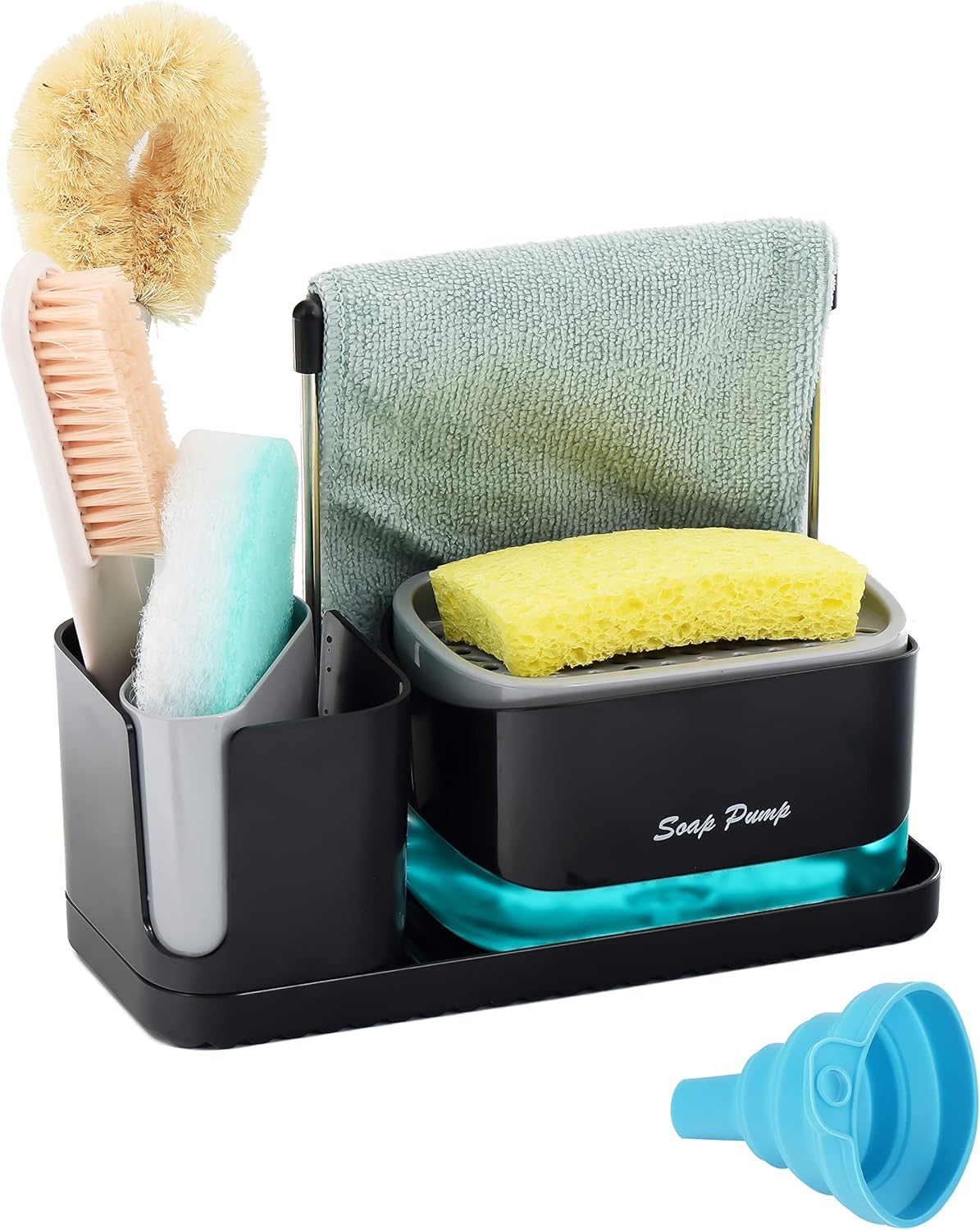 Kitchen Sink Organiser Caddy Set with Soap Pump Dispenser, Sponge