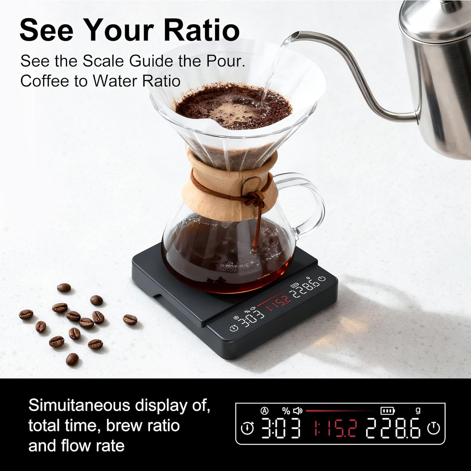 Coffee Scale, Espresso Scale, Weigh Digital Kitchen Scale with Timer, 2kg/0.1g Rechargeable Scale, Ratios & Flow Rate Display, Barista-Grade for Pour-Over, Espresso, French Press – Black