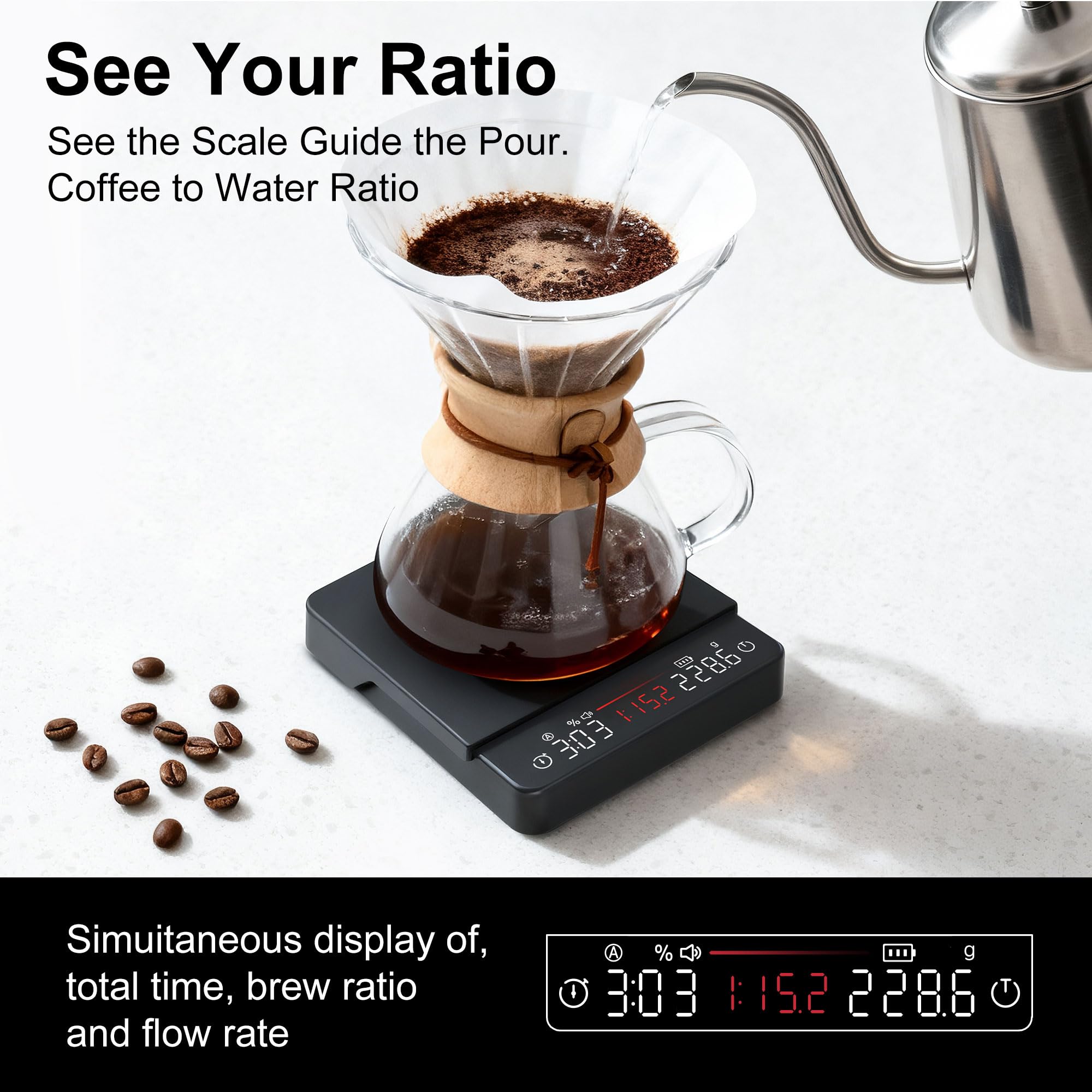 Báscula de café con temporizador, 2 kg/0,1 g, proporciones y visualización de caudal | Báscula de espresso recargable, para vertido, prensa francesa, precisión de grado barista, negro, pesaje digital de cocina