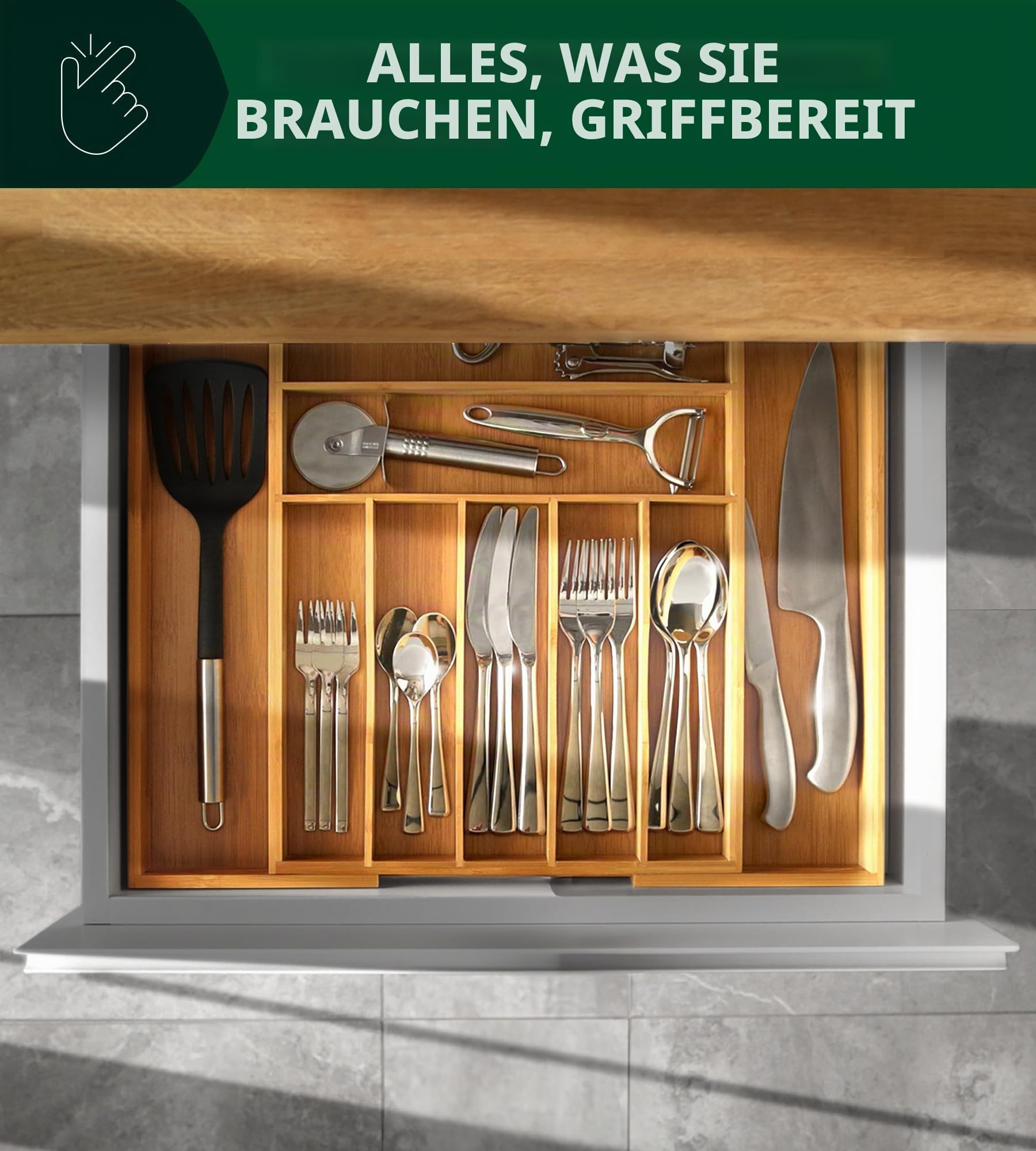 Luxuriöser Bambus-Küchen-Schubladen-Organizer – Besteck-Organizer – Utensilienhalter und Besteckkasten mit gerillten Schubladenteilern für Besteck und Küchenutensilien (9 Fächer, natur)