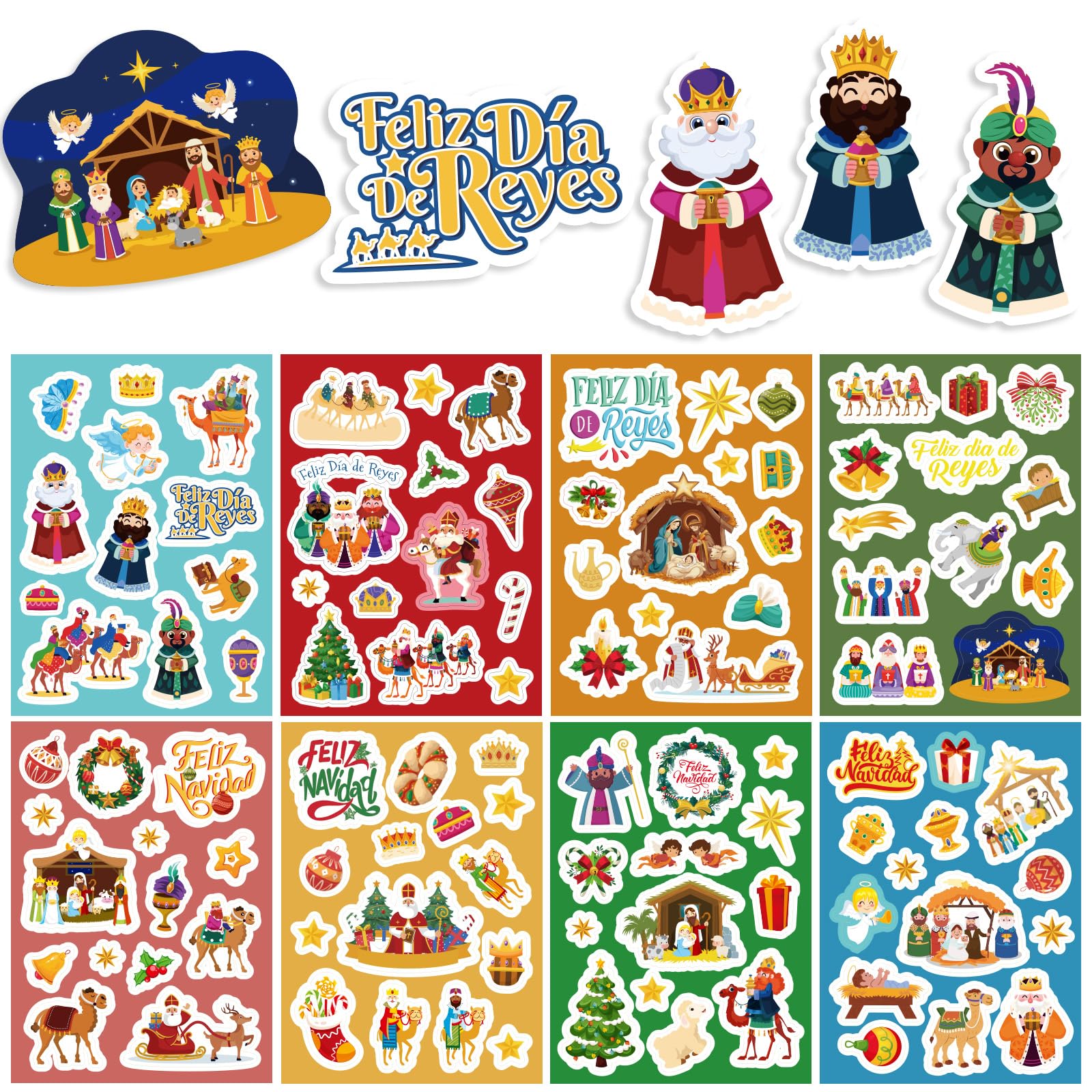 BETESSIN 16 hojas Pegatinas Reyes Magos Navidad, Pegatinas para Niños Tema los Tres Reyes Magos, Pegatina Adhesiva Decoración Caja de Regalo Scrapbooking Regalo Fiesta de Navidad Día de Reyes Magos