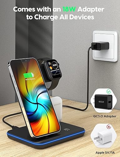 Miniatura 4 de Estación de carga inalámbrica, soporte de cargador inalámbrico 3 en 1 actualizado 2021 con indicador de respiración, compatible con iPhone 13/12/11