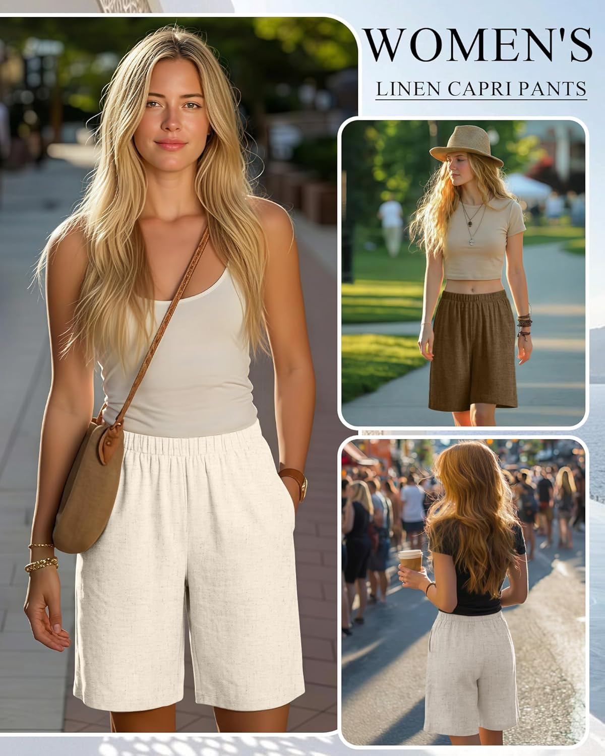 Riyiper 3 Pack Women's Linen Shorts Elastic High Waist Bermuda Wide Leg Summer Casual Lounge Short with Pockets - Image 5