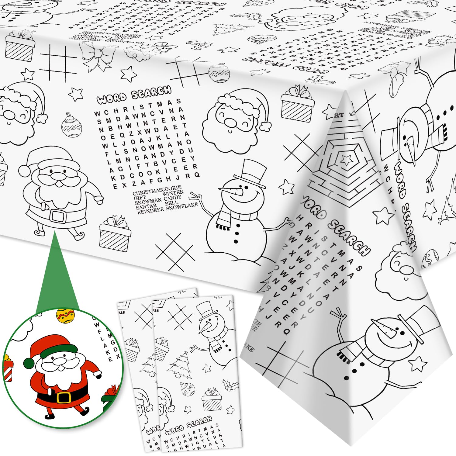 Labeol 2 Pack Christmas Crafts for Kids, 54"x108" Christmas Coloring Tablecloth for Kids, Giant Santa Claus Snowman Maze Color-in Paper Poster Table Cover for Winter Party Arts and Crafts