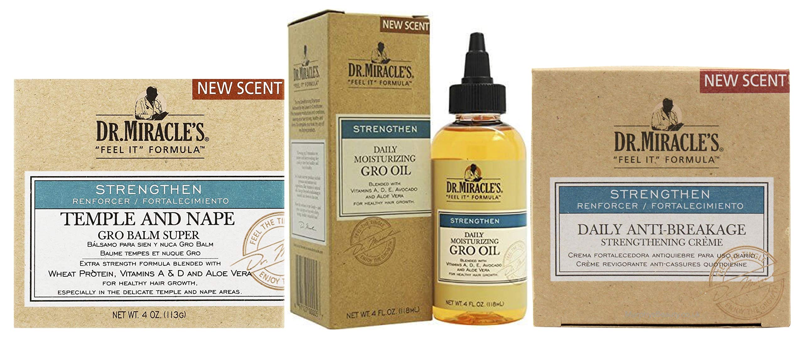 Dr. Miracles Temple & Nape Balm 4oz, Daily Moisturizing Gro Oil 4oz & Daily Anti-Breakage Strengthen Creme 4oz