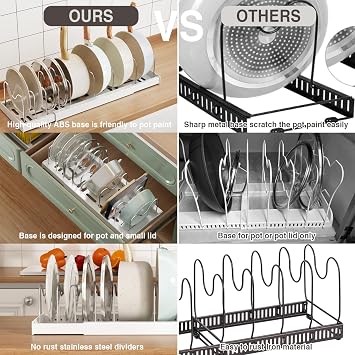 Magheo 2 Pack Pots and Pans Organiser for Cupboard, 57CM Expandable Pan Lid Holder with 9 Adjustable Dividers, Kitchen Pot and Pan Lid Storage Rack Inside Cabinet/Countertop Cupboard Organisers(White)
