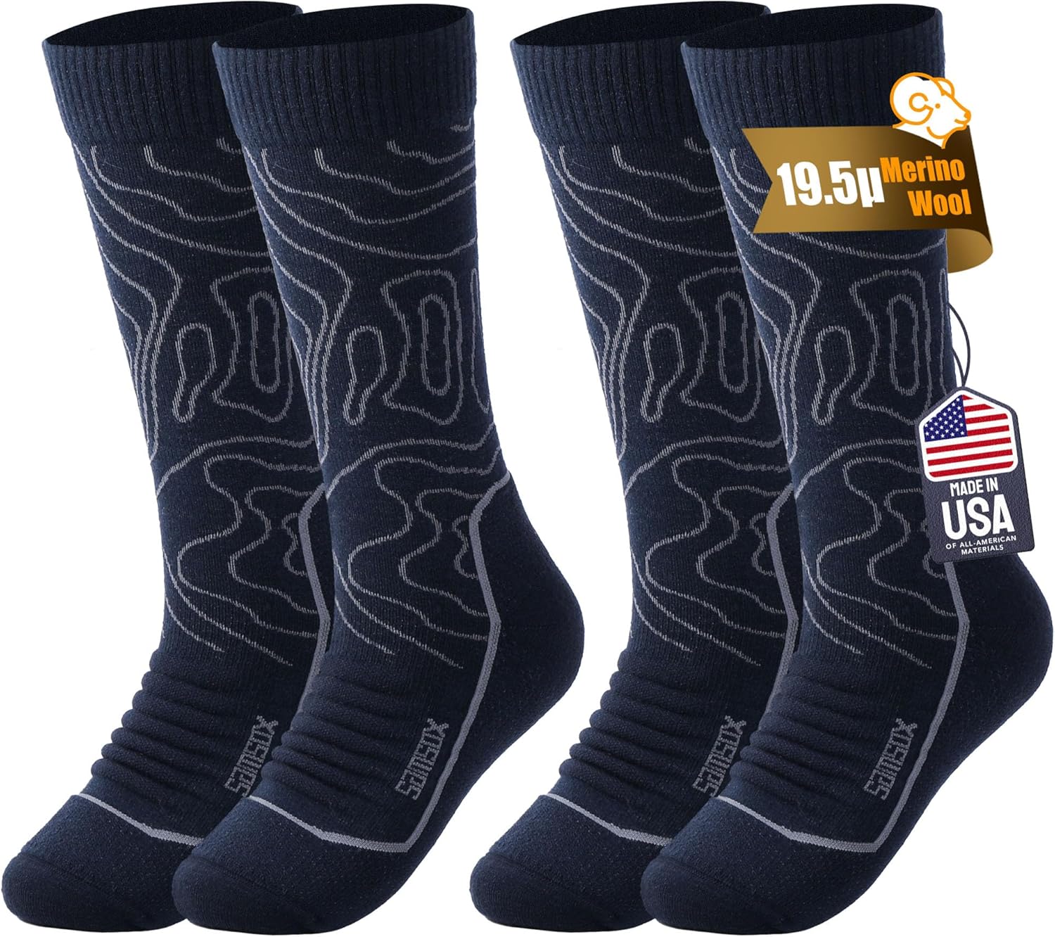 SAMSOX 2-Pair Merino Wool Hiking Socks - Made in USA, 200-Needle Knit Lightweight Extended Crew Boot Socks for Men & Women
