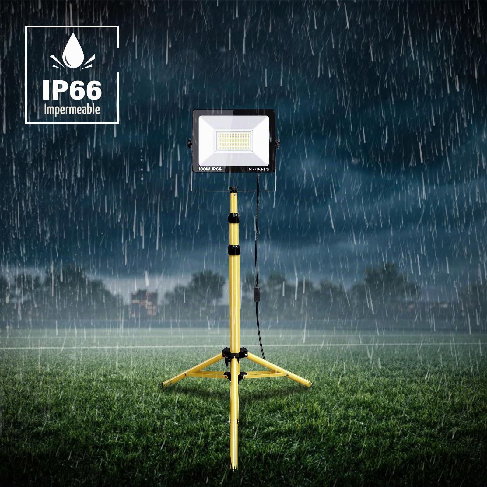 RIGIDON 100W 10000lm foco led trípode telescópico, luz de trabajo portátil | cable de 5 metros, altura ajustable de 102 a 193 cm, proyector led, para taller mecanico obra de construcción garaje jardín