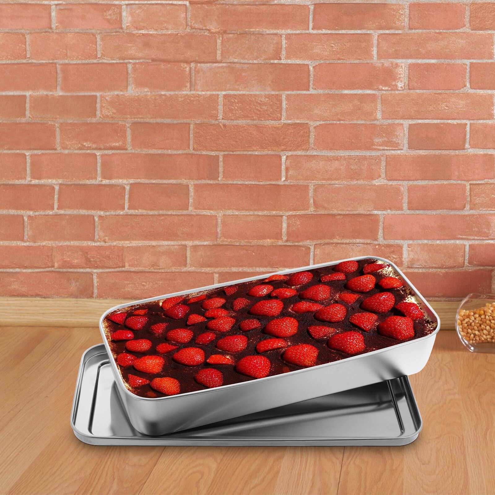 BESPORTBLE Teglia Rettangolare in Acciaio Inossidabile 33X155X6 CM con Coperchio Contenitore per Dolci e Tiramisù Teglia da Forno Antiaderente per Cottura Conservazione e Servizio in