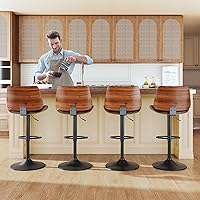 Vista 5 de Juego de 4 taburetes de bar para isla de cocina con respaldo de madera curvada y asiento de cuero, taburetes de bar giratorios para encimera