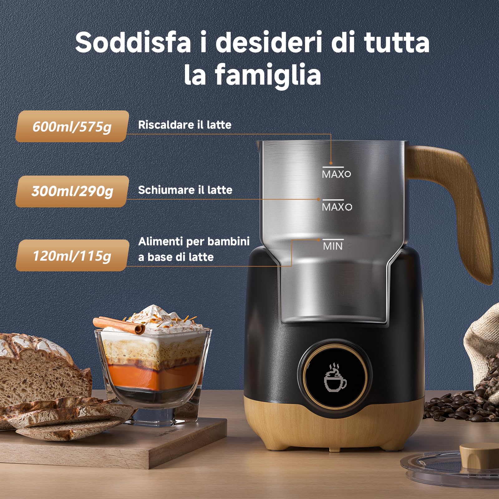 AMZCHEF Montalatte Elettrico 600 ml – 8-in-1 Latte Caldo e Freddo, Schiuma Dens o Ariosa, Latte di Mandorla/Soia, per Cappuccino, Cioccolata Calda, Alimenti per Bambini – 550 W