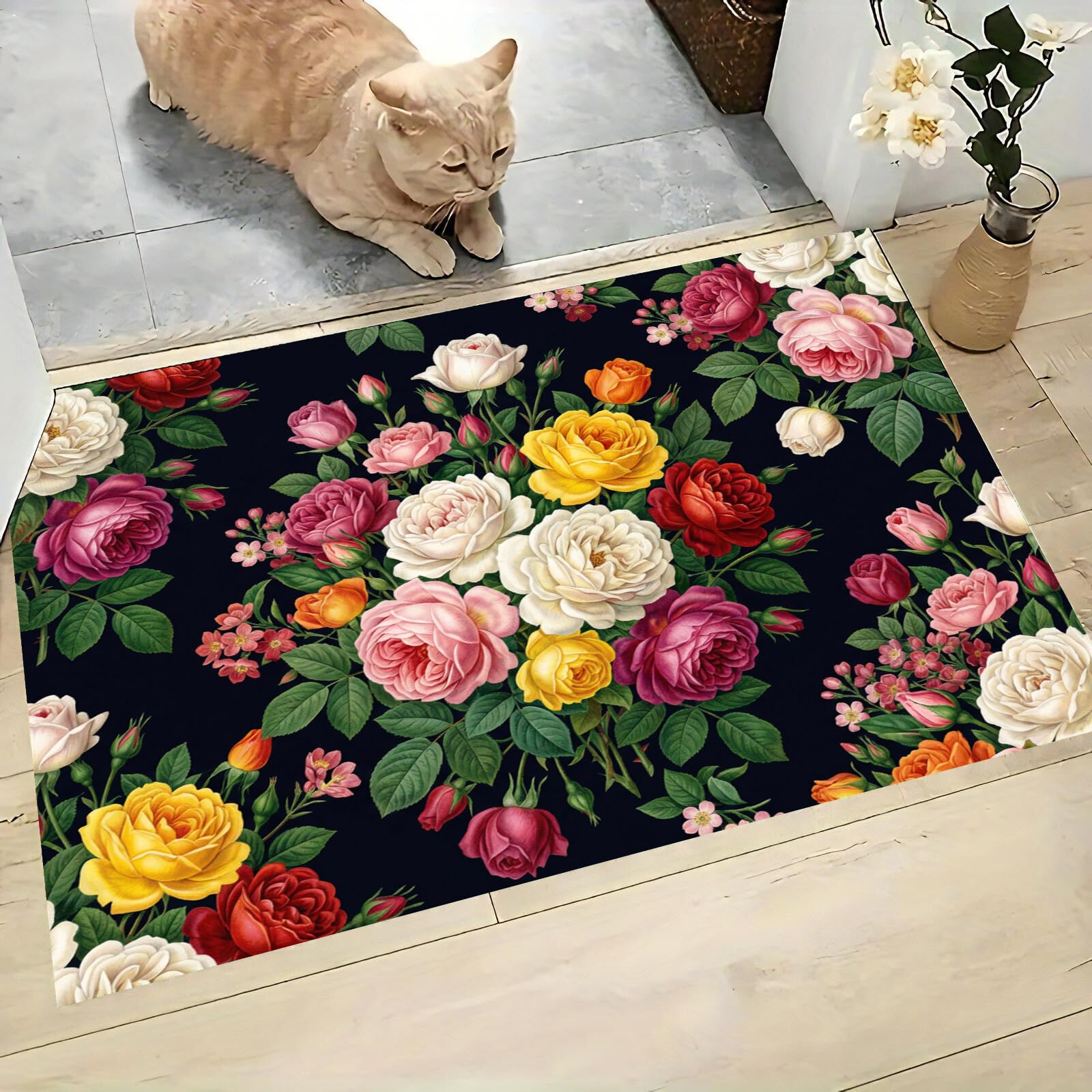 Tapis entree interieur paillasson retro pivoine rose antiderapant cuisine 50x80