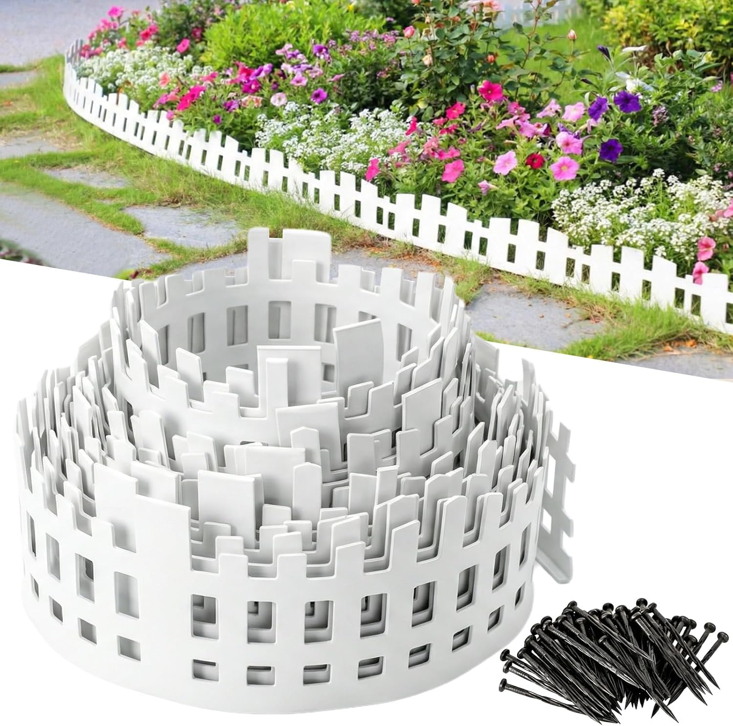 2-Inch x 80 FT Landscape Edging Border with 125 Spikes, Garden Edging Border Lawn Edging Kit, Plastic Edging for Landscape Flexible for Garden Flower Beds Lawn Yard Pathway (Black)
