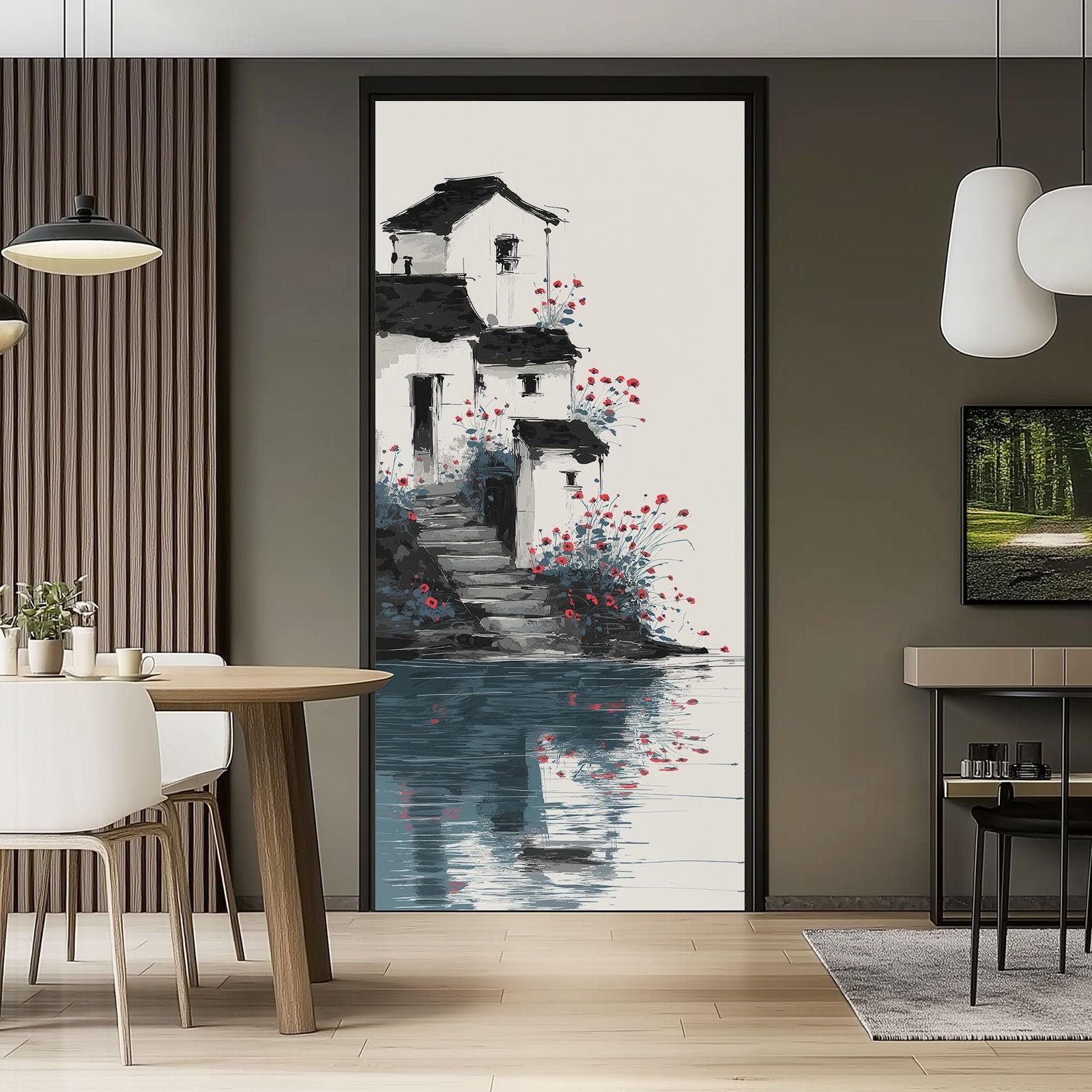 Naklejka na drzwi, samoprzylepna, 88 x 200 cm, naturalny plakat na drzwi, chińska architektura, krajobraz, trwała i wodoodporna, fototapeta, folia na drzwi, biała, 3D "zrób to sam", naklejka na drzwi