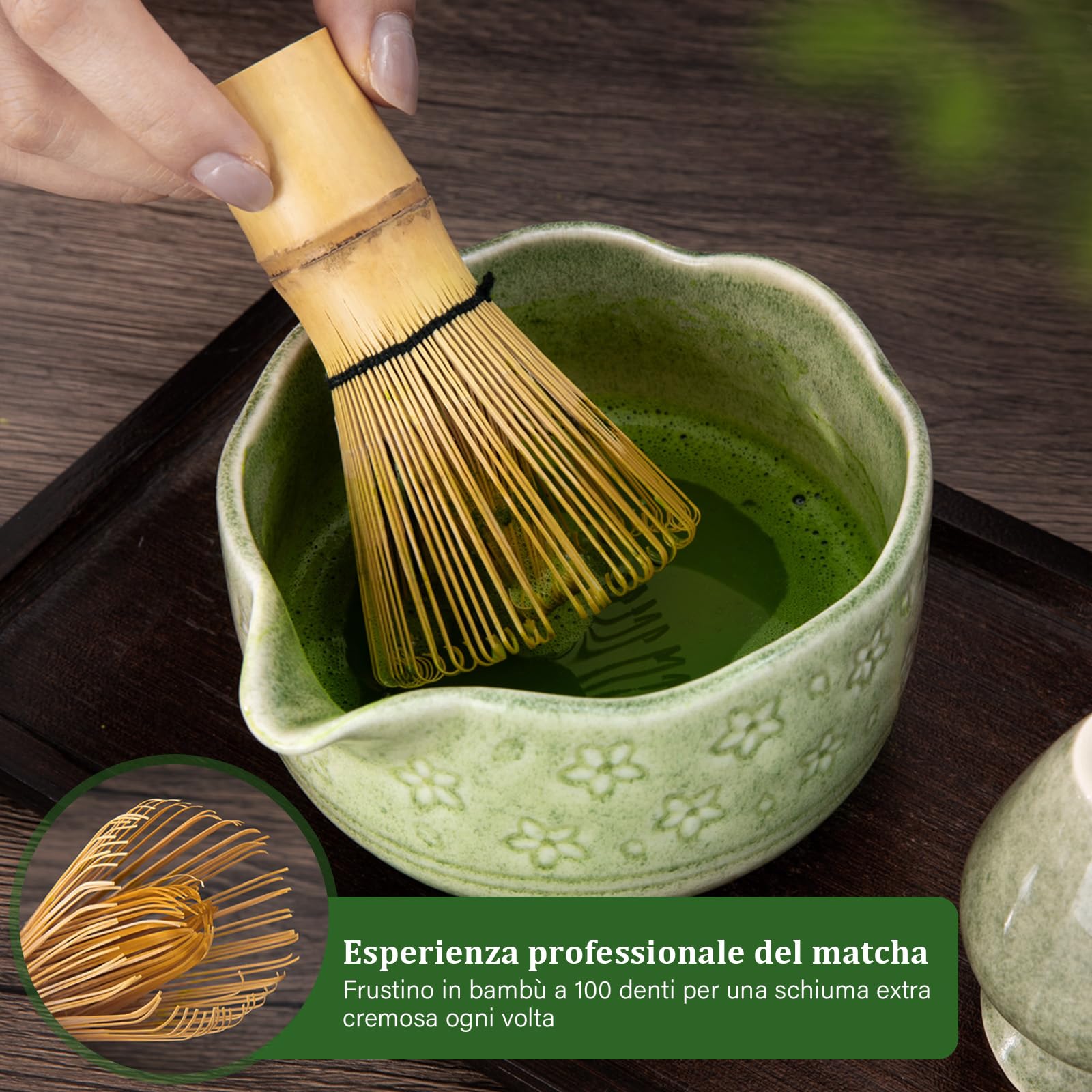 ALBISS Matcha Kit Set da 7 Pezzi in Ceramica Cerimoniale – Ciotola da 530 ml con Beccuccio e Design Sakura, Frusta in Bambù con Supporto, Elegante Set da Tè Giapponese per Amanti del Matcha, Verde