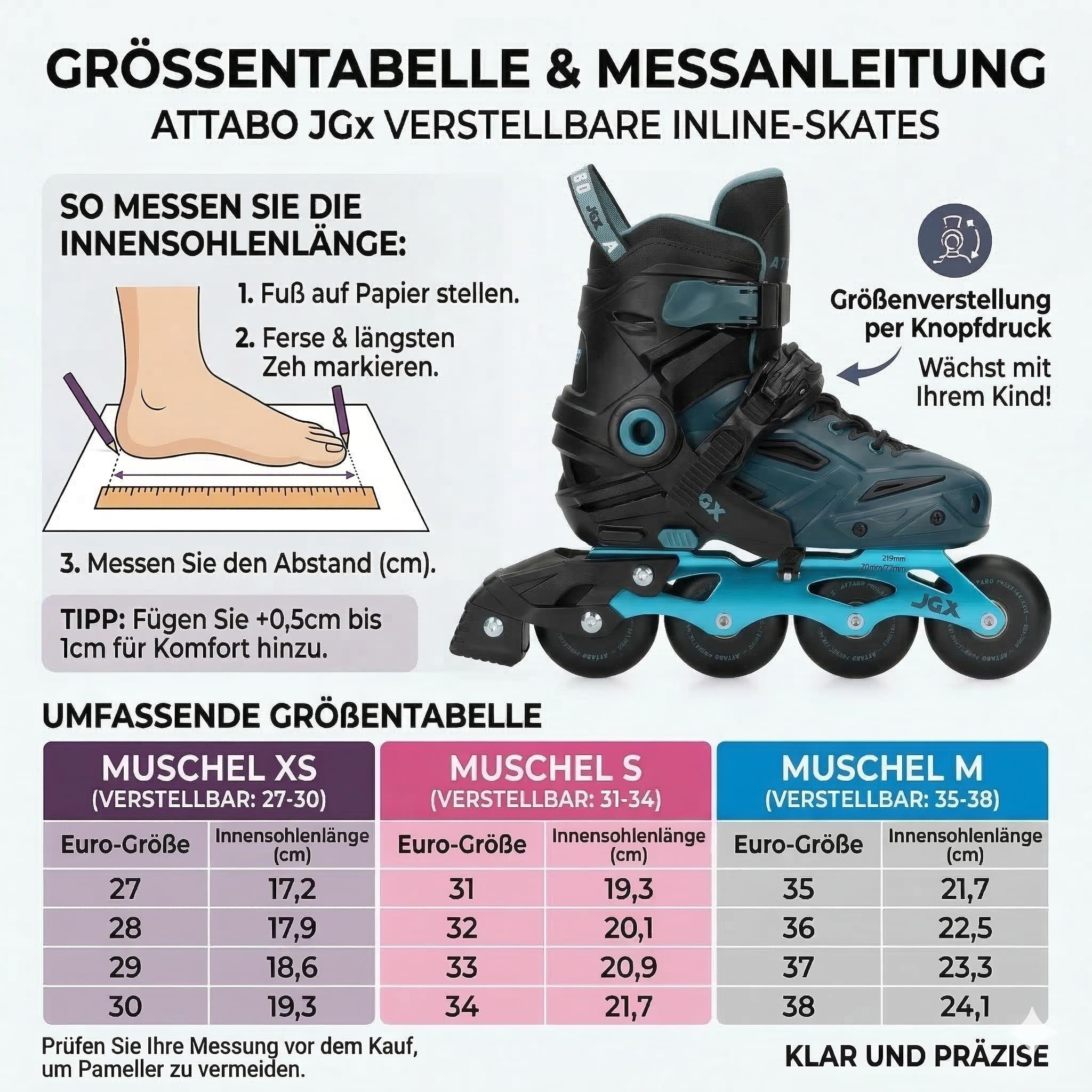 ATTABO JGX regulowane łyżworolki dziecięce – freeride z szyną aluminiową, ABEC-7, kółka z poliuretanu 85A, niebieskie (35-38)