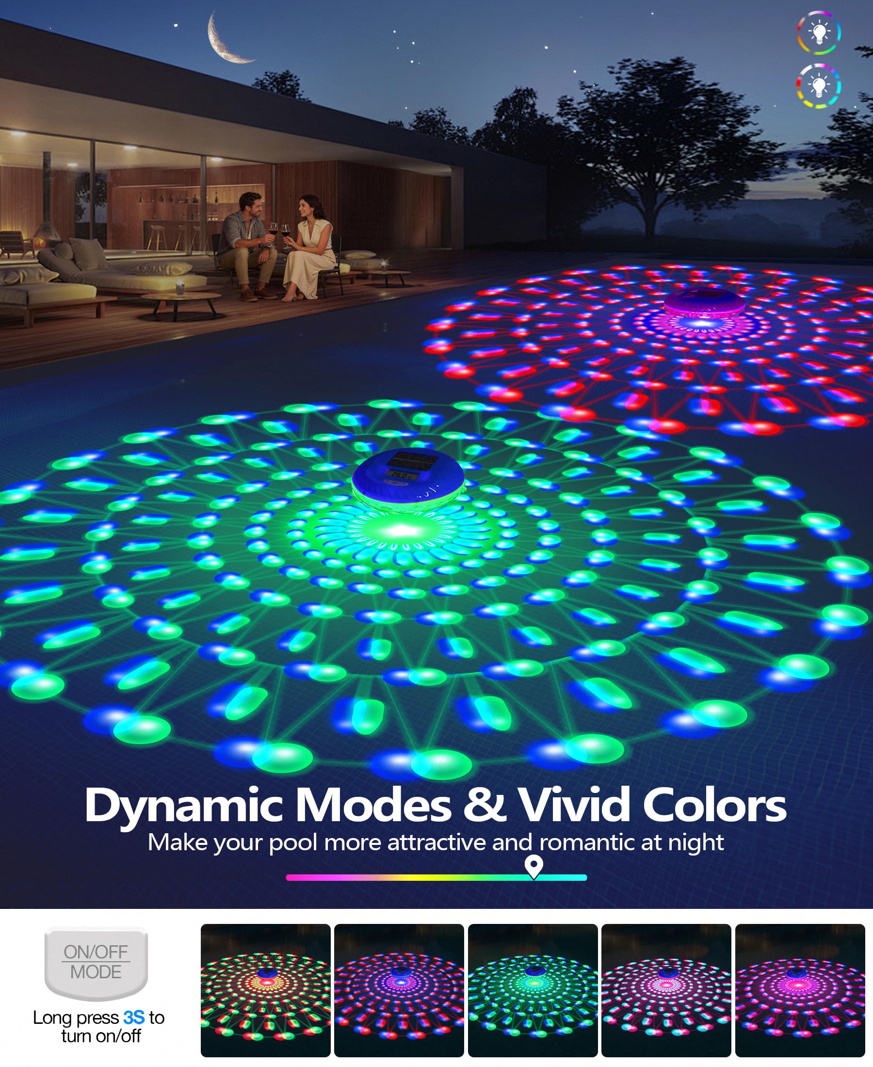 LuxBlue 2 en 1 Thermometre Piscine Solaire et Lampe Piscines, Thermometre Piscine Flottante avec Spectacle Lumineux Sous-marin Coloré, IP68 Ultra-précis Thermometres Piscines Numérique Facile à Lire