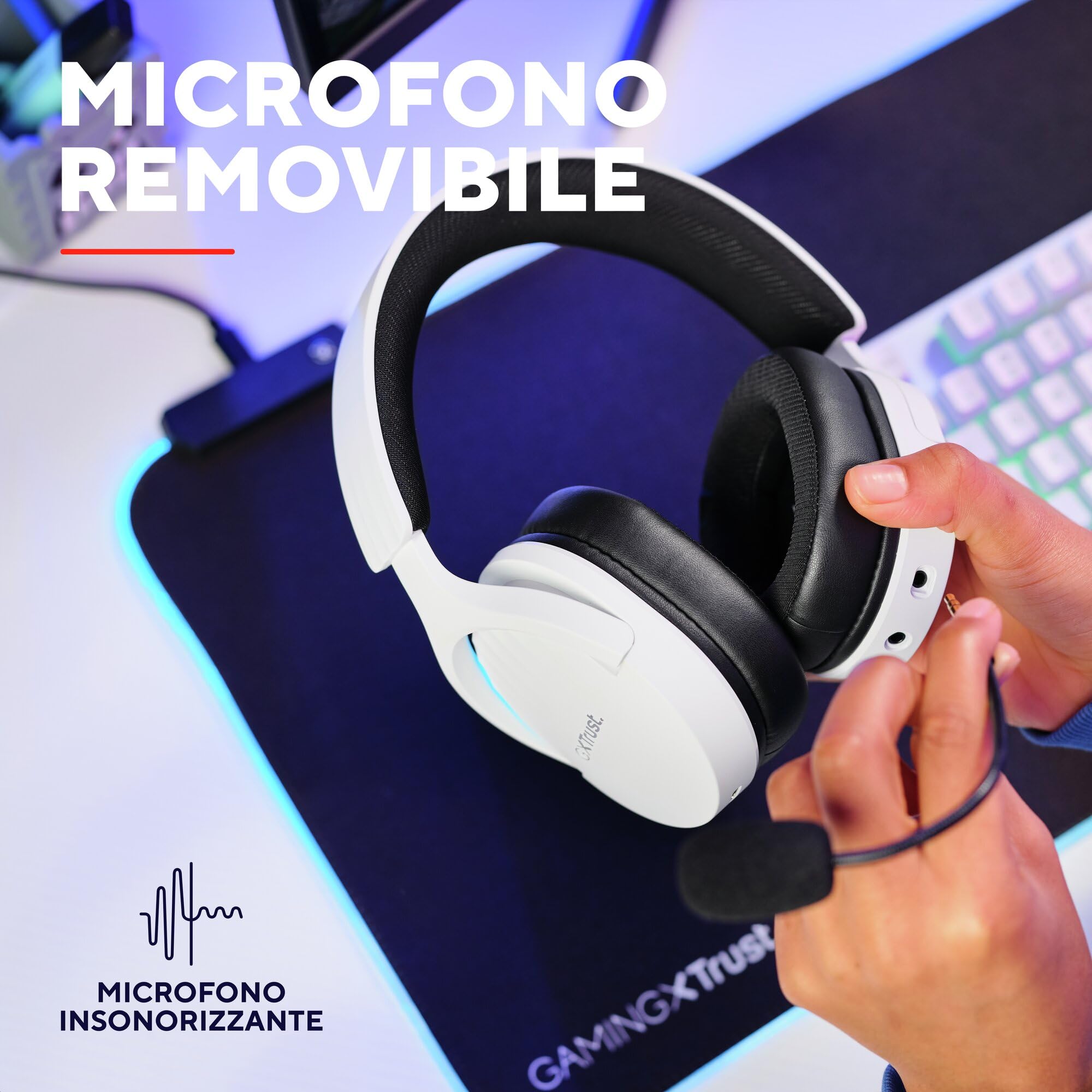GXTrust 491W Fayzo Cuffie Gaming Wireless Bluetooth + 2.4 GHz, Audio Surround 7.1, Batteria da 22 Ore, 35% Plastica Riciclata, RGB Cuffie Bluetooth Over Ear PC PS5 PS4 Switch - Bianco