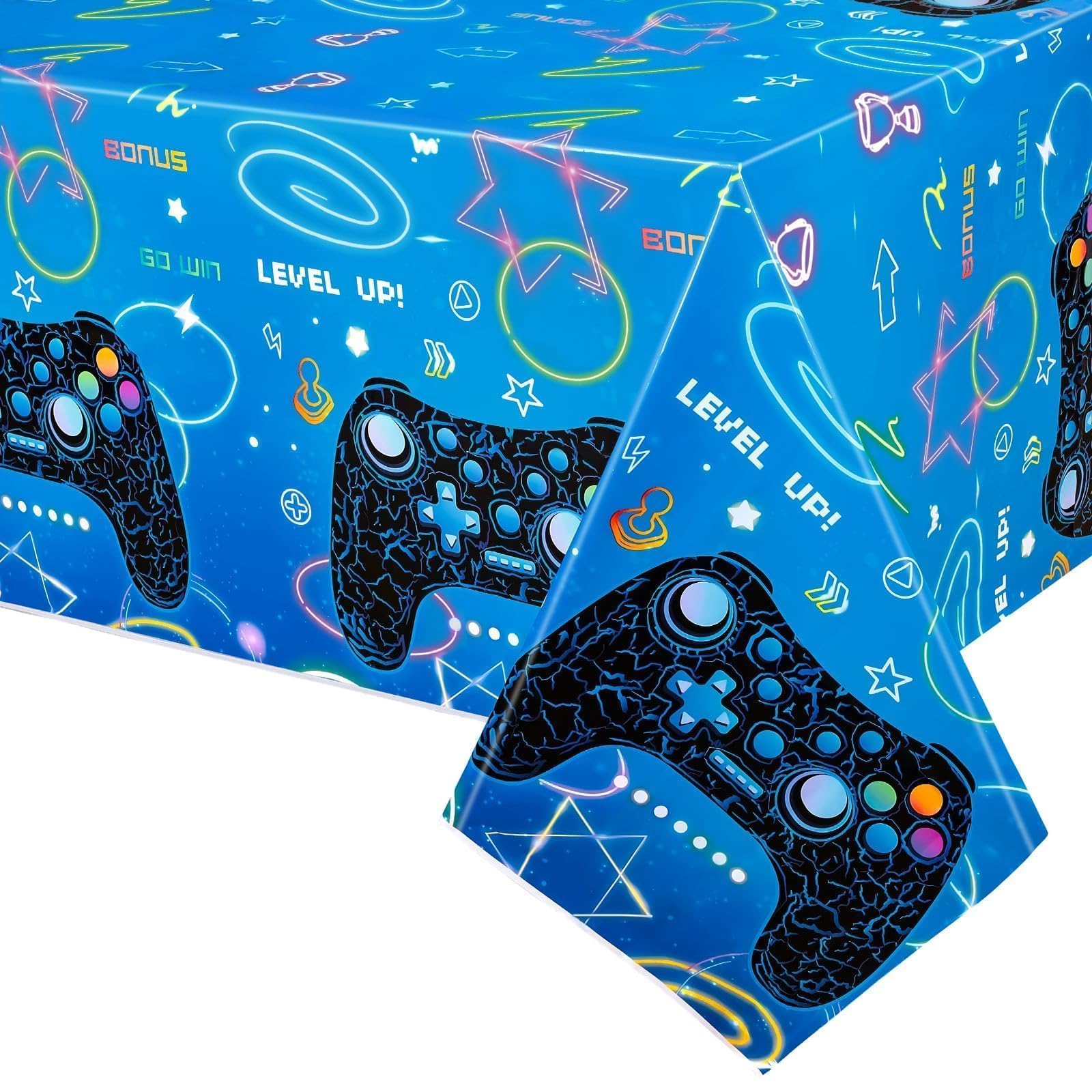 Tovaglia blu videogioco per feste, confezione da 2 pezzi, 137 x 274 cm, decorazione per feste di compleanno, per bambini, giocatori, feste, tovaglia rettangolare in plastica per gaming, notte geek