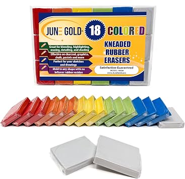 June Gold 18 Colored Kneaded Erasers, Blend, Shade, Smooth, Correct, and Brighten Your Sketches and Drawings