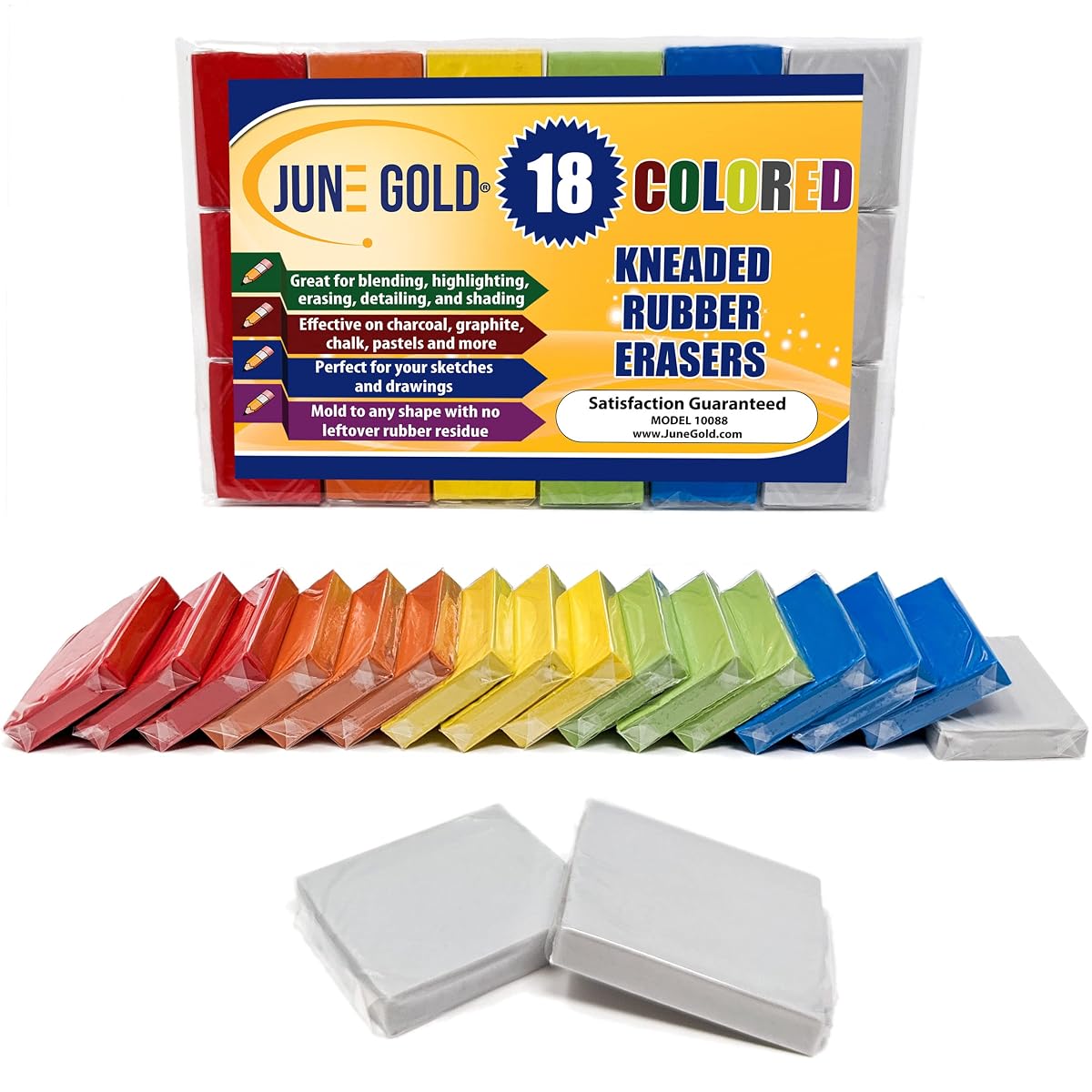 June Gold Kneaded Rubber Erasers, Colored, 18 Pack - Blend, Shade, Smooth,