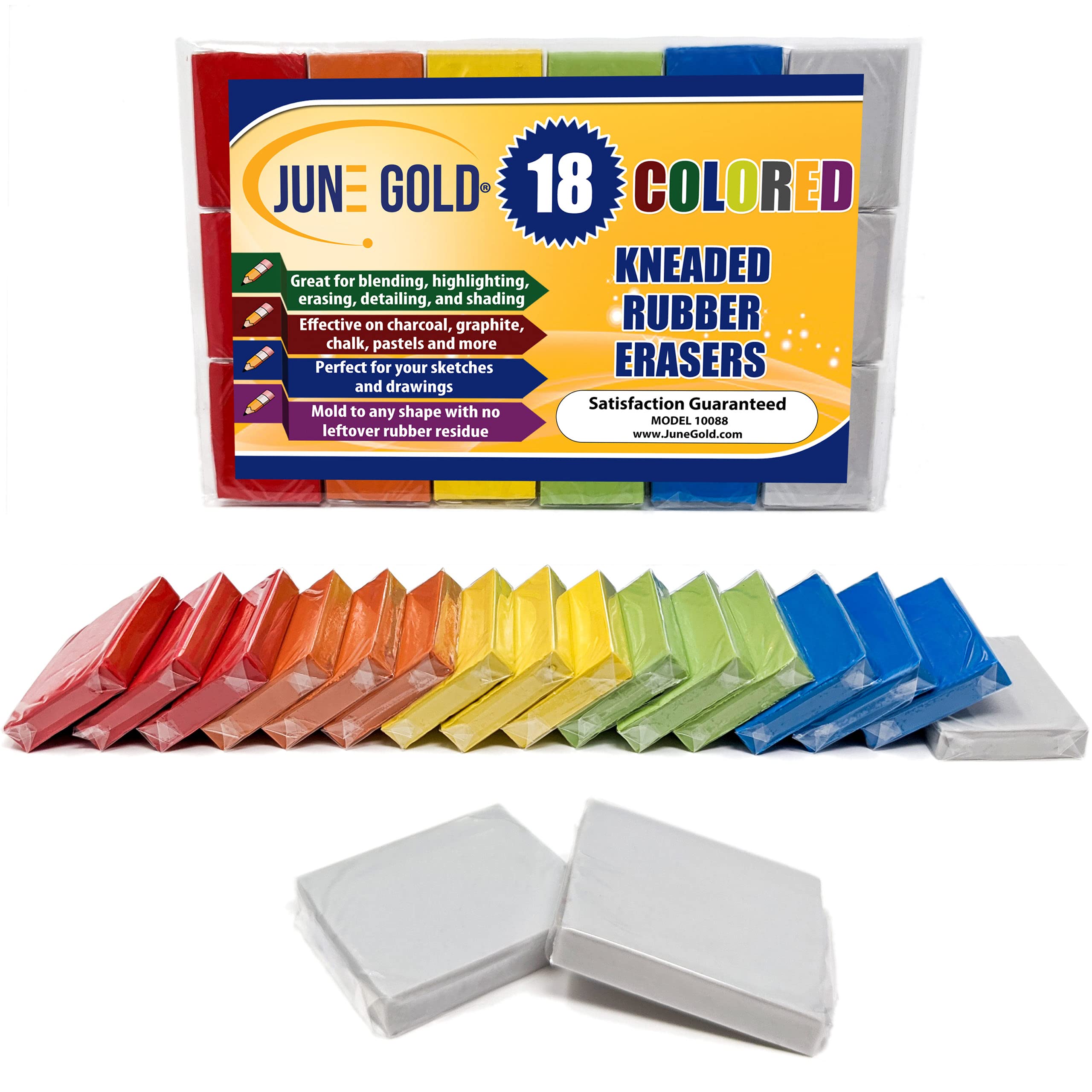 June Gold Kneaded Rubber Erasers, Colored, 18 Pack - Blend, Shade, Smooth, Correct, and Brighten Your Sketches and Drawings