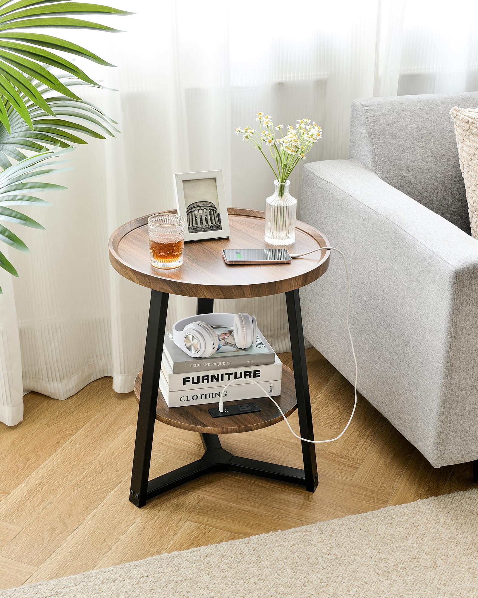 KJGKK Round End Table with Charging Station, 19.7" Dia x 23.63" H, Side Table with Storage Shelf, Accent Table, for Living Room, Bedroom, Small Spaces, Metal Frame, Industrial Style (Brown + Black)
