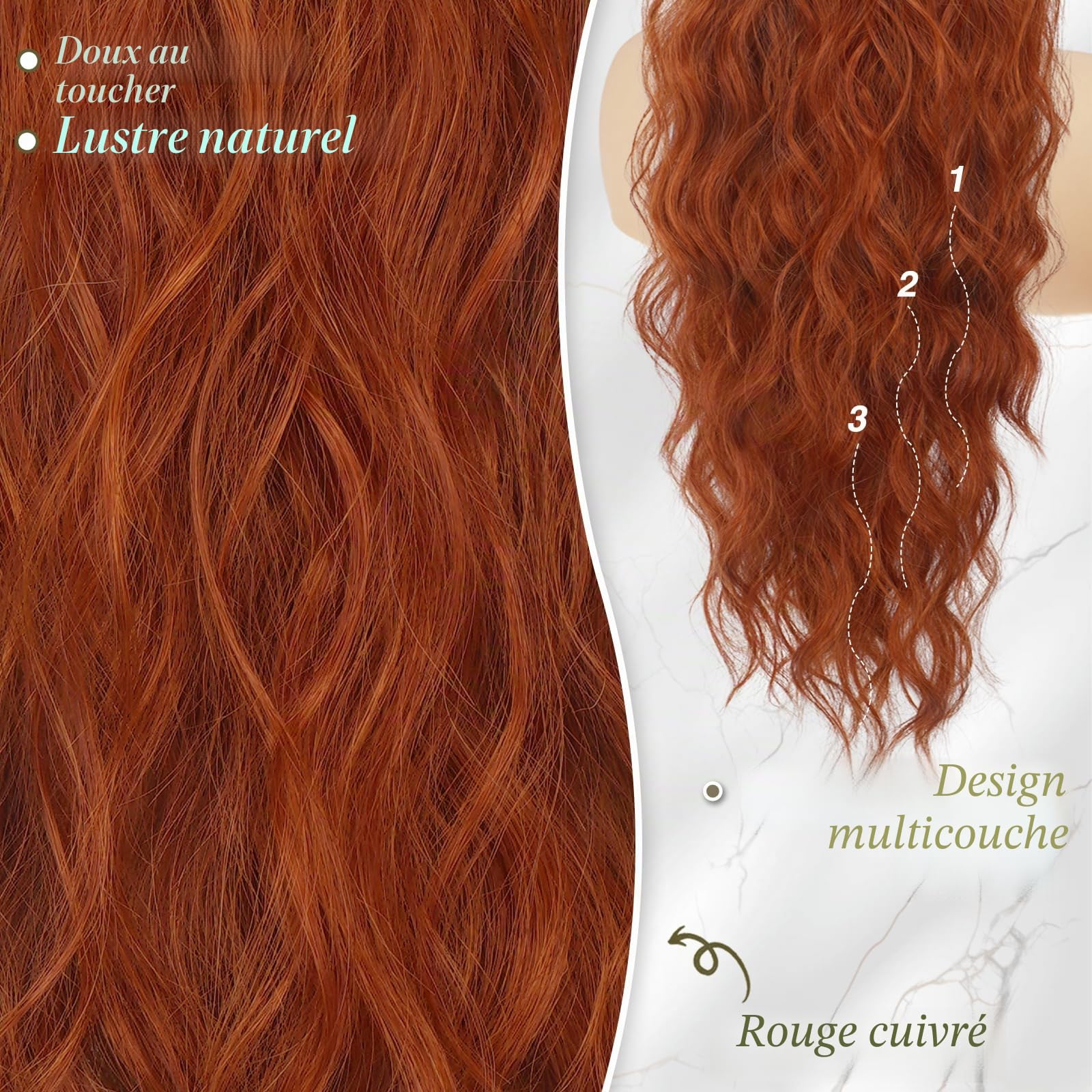 BARSDAR Rouge Cuivré Queue de Cheval Extension, 66cm Cordon Queue de Cheval Extension de Cheveux pour Femme, Longue Bouclé Ondulées Synthétique Clip en Queue de Cheval Postiche, Cowboy Rouge Cuivré
