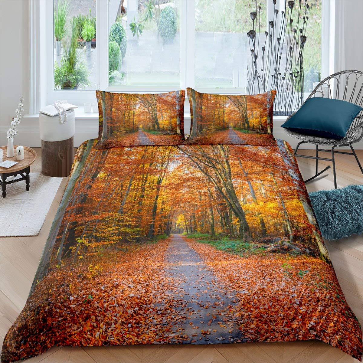 Fall Bedding Set for Girls Woman Seniors Boys Kids Man Child, Autumn Pathway Covered With Fallen Leaves Print Comforter Cover Forest Trees Yellow,Decor 3 Pcs Duvet Cover King & Zipper Ties โ image 1