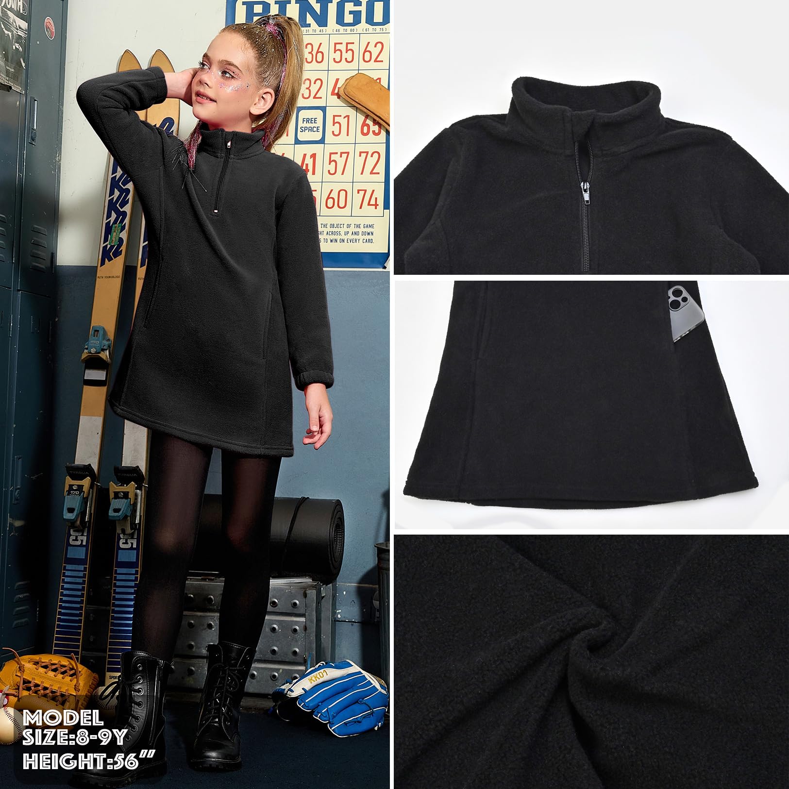 Mirawise Fleece-Kleid für Mädchen, 1/3-Reißverschluss, Polar-Langarm, Sweatshirt, Stehkragen, Herbst, Winter, Pulloverkleid mit Taschen