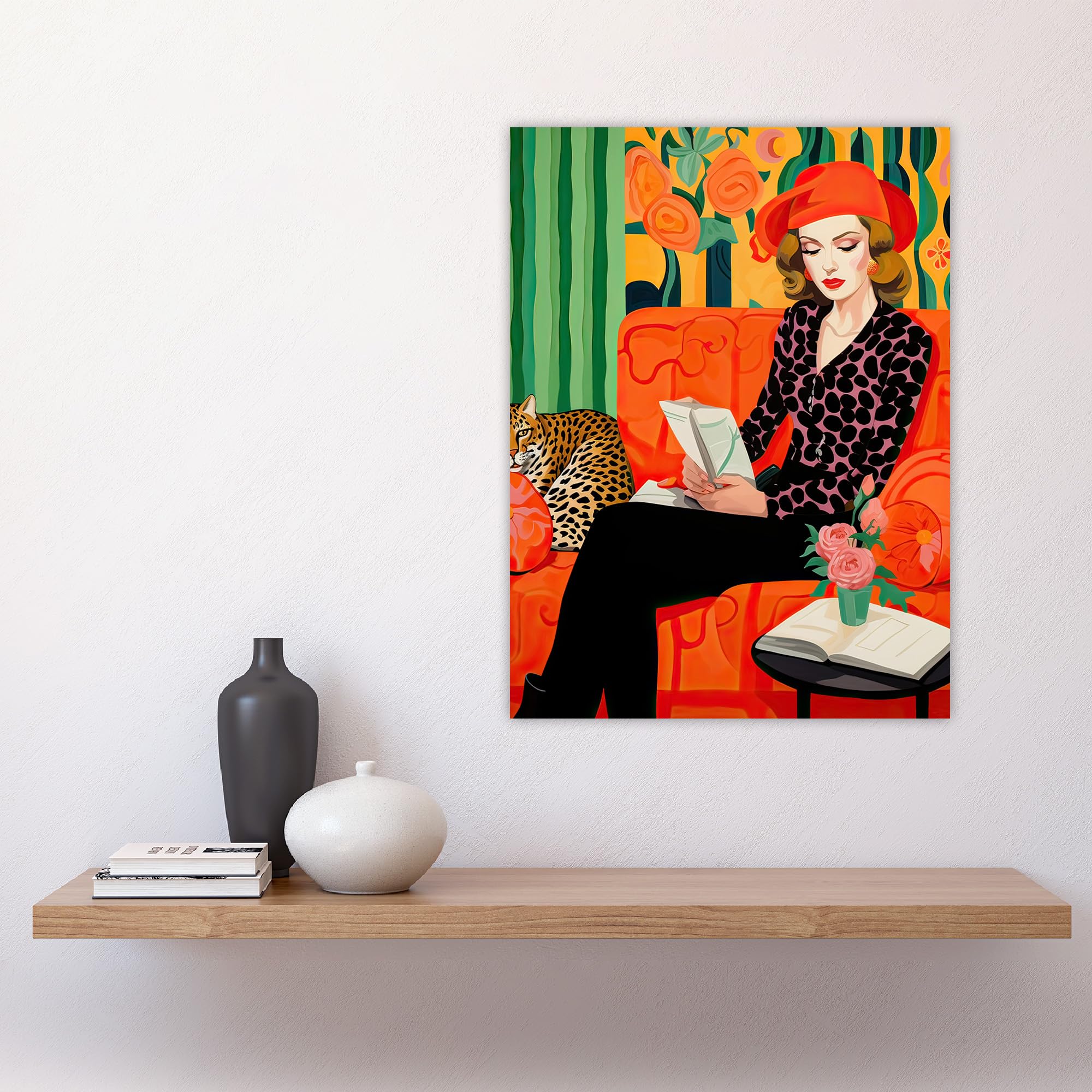 Artery8 Retro Chic Oil Painting Orange Green Lounge Portrait Woman and Leopard on Couch Large Wall Art Poster Print Thick Paper 18X24 Inch - Image 4