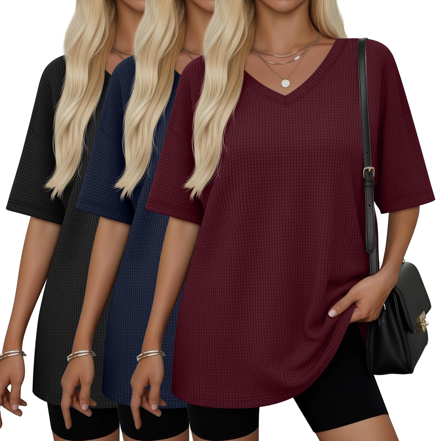 3 Pack Women Oversized Waffle T Shirts V Neck Half Sleeve Tops Loose Fit Summer Wor...