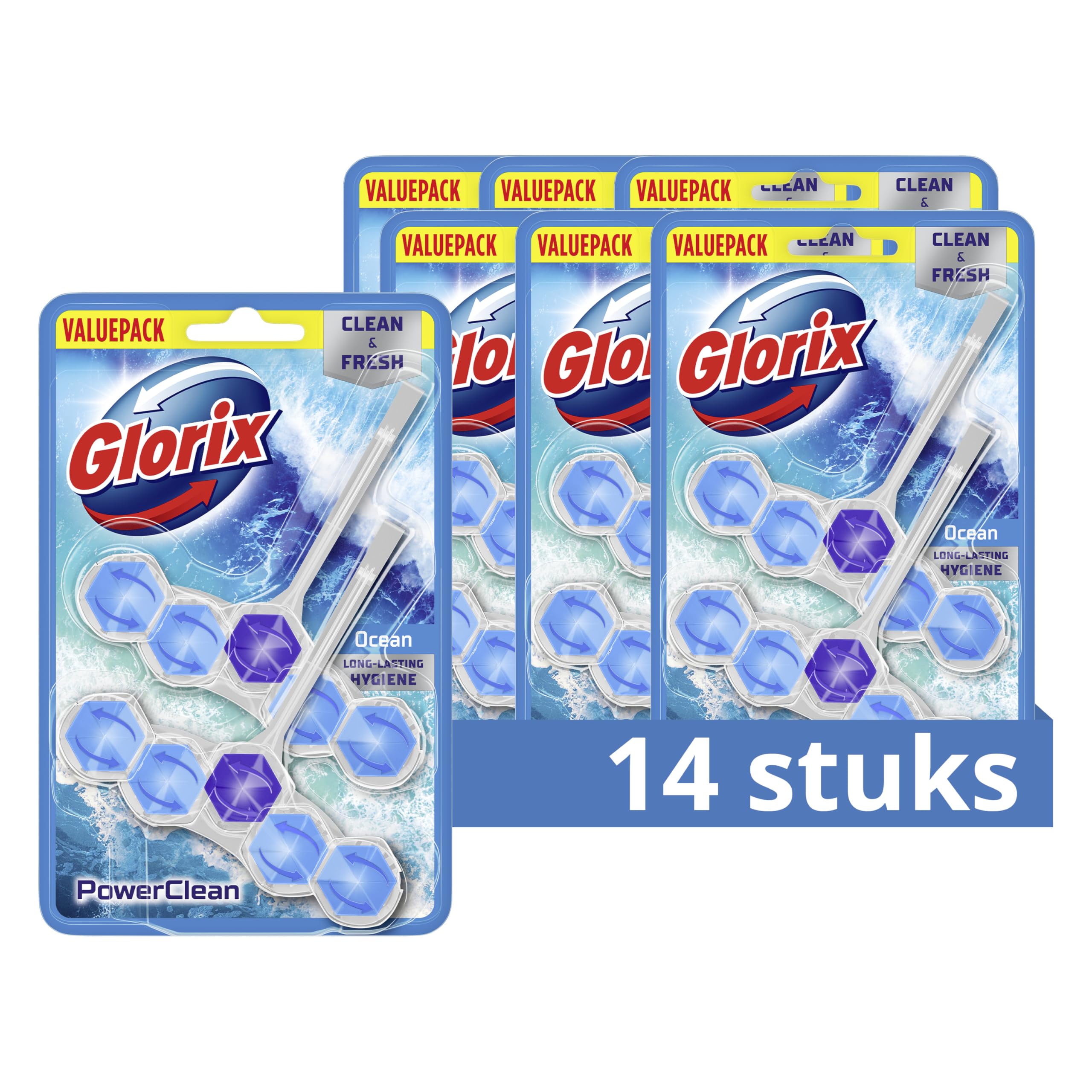 Glorix Power Clean Ocean Toiletblok, voor een hygiënische reiniging, 7 x 2 stuks, Voordeelverpakking