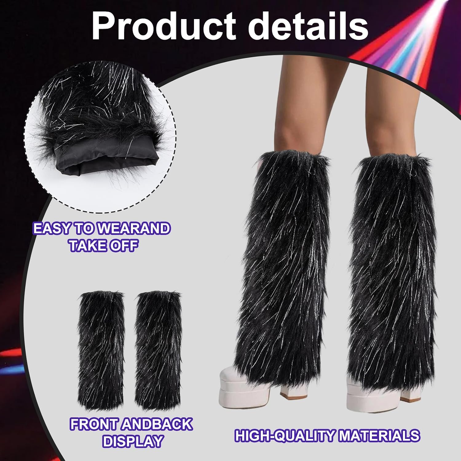 Black Furry Leg Warmers for Women,Shiny Furry Leg Warmers for Rave, Festival, and Clubwear, Comfort Stretch Design