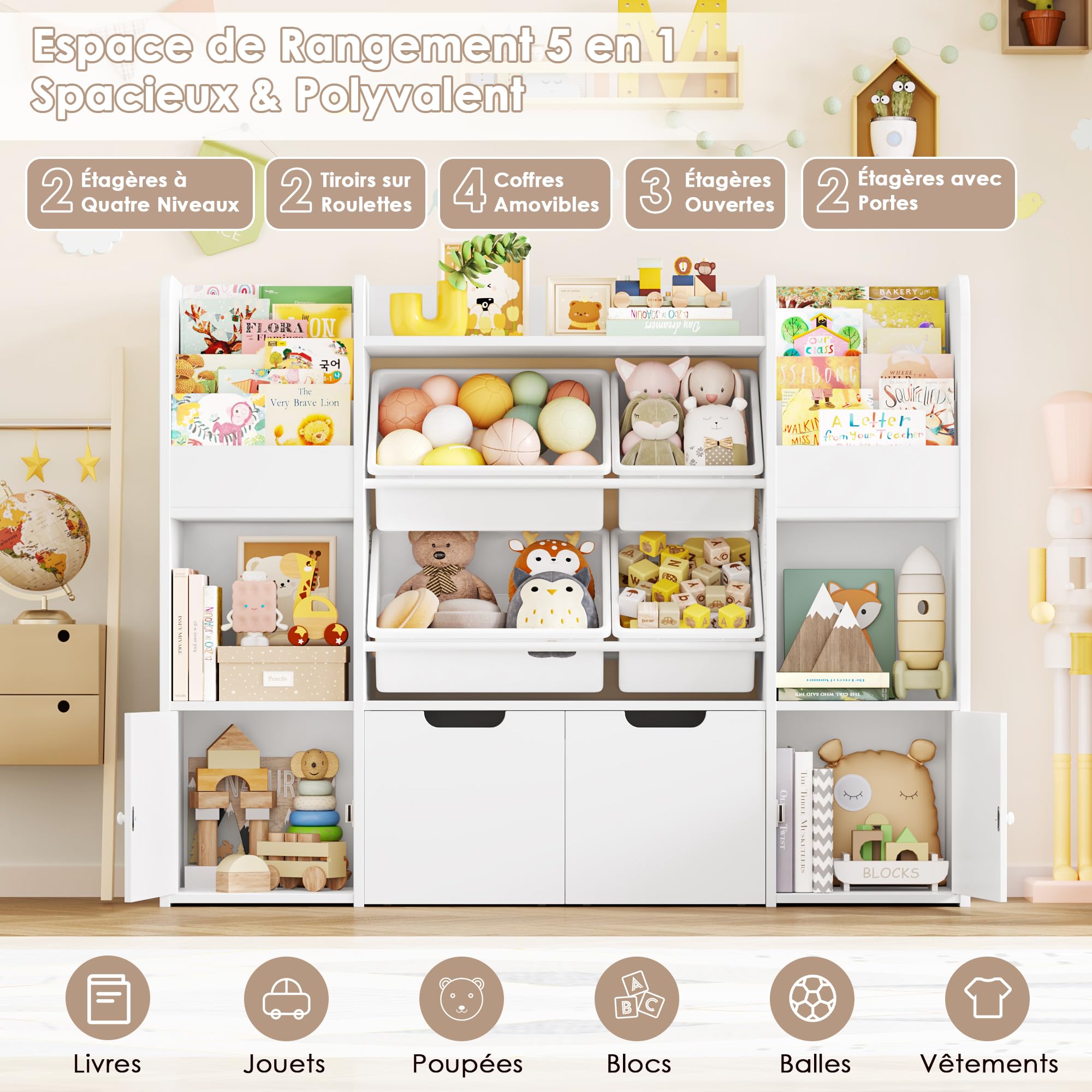 FOREHILL Meuble Rangement Enfant Bibliothèque Enfant Boîtes Amovibles Blanc | Rangement jouet et livres 126x30x104cm | 13 Étagères 2 tiroirs roulants | Meuble pour chambre salle de jeu | Facile à monter