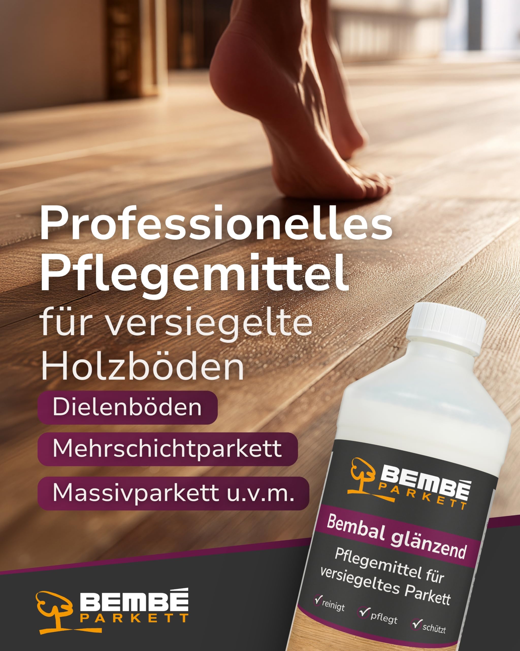 Bembé Bembal glänzend I 5 Liter I Pflegemittel für versiegelte Parkettböden I Wasserabweisend & gleithemmend I High-Speed polierbar I Lösemittelfreie Parkettpflege