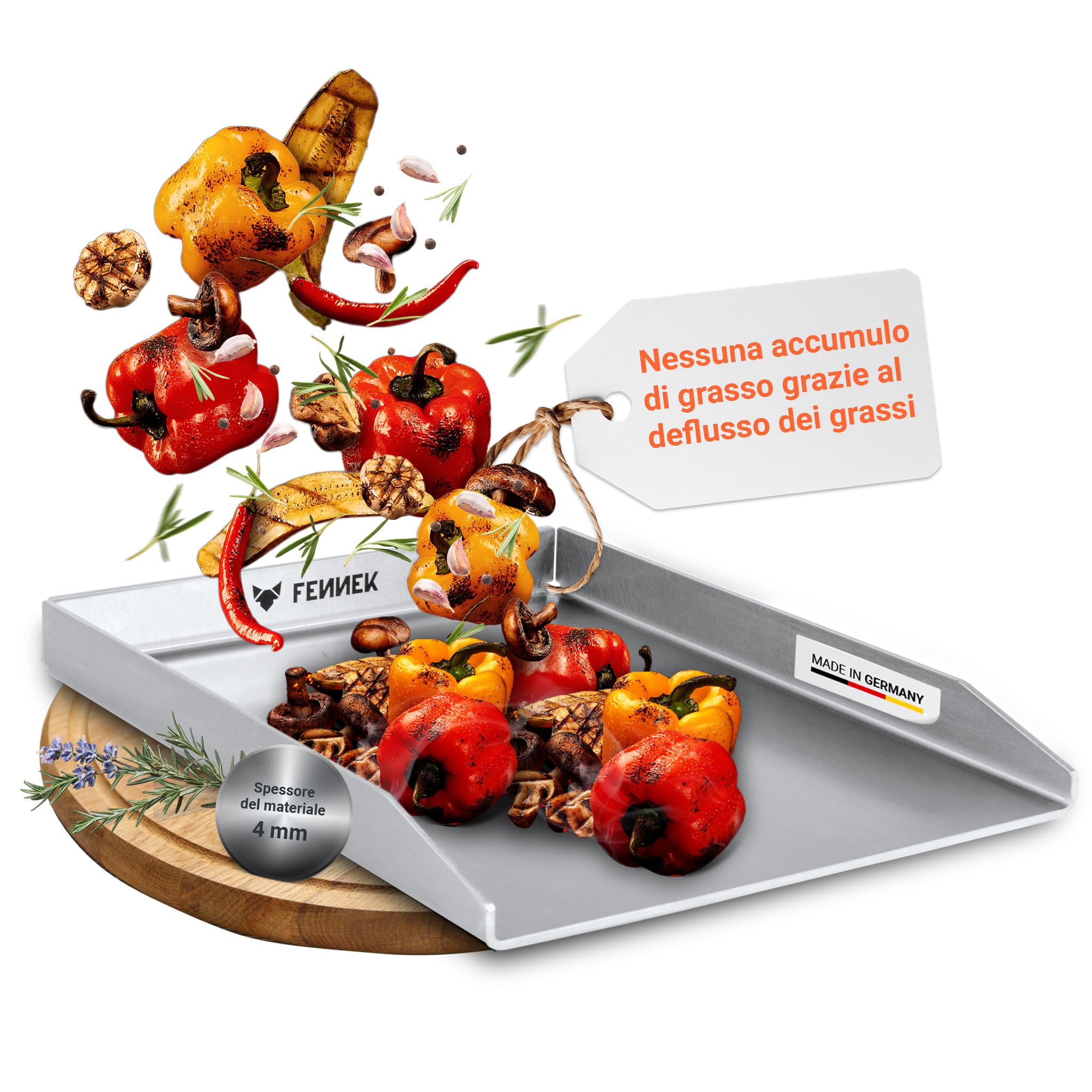 FENNEK Piastra per barbecue Teppanyaki, 40 x 30 cm, senza bordo anteriore, universale, adatta per molti barbecue a gas, in acciaio inox da 4,0 mm, lavabile in lavastoviglie, prodotta in Germania