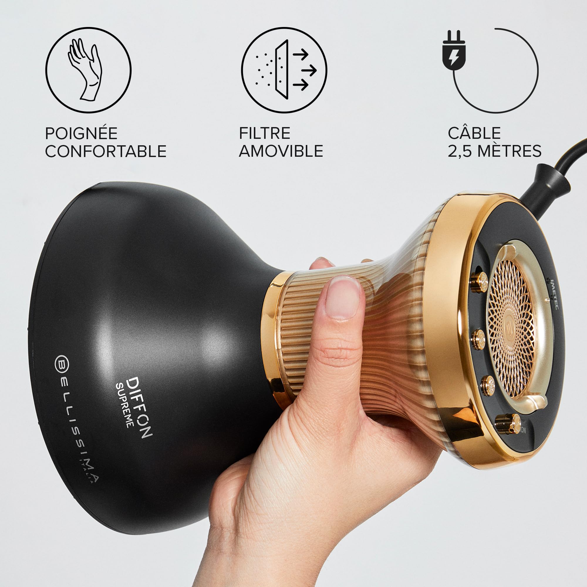 Bellissima Diffuseur D'Air Chaud XL Céramique + Huile D'Argan Pour Cheveux Bouclés - Diffon Supreme Sèche Cheveux + Diffuseur Ionique Tout-en-Un - 2 Vitesses, 3 Températures - Séchage Doux Et Naturel